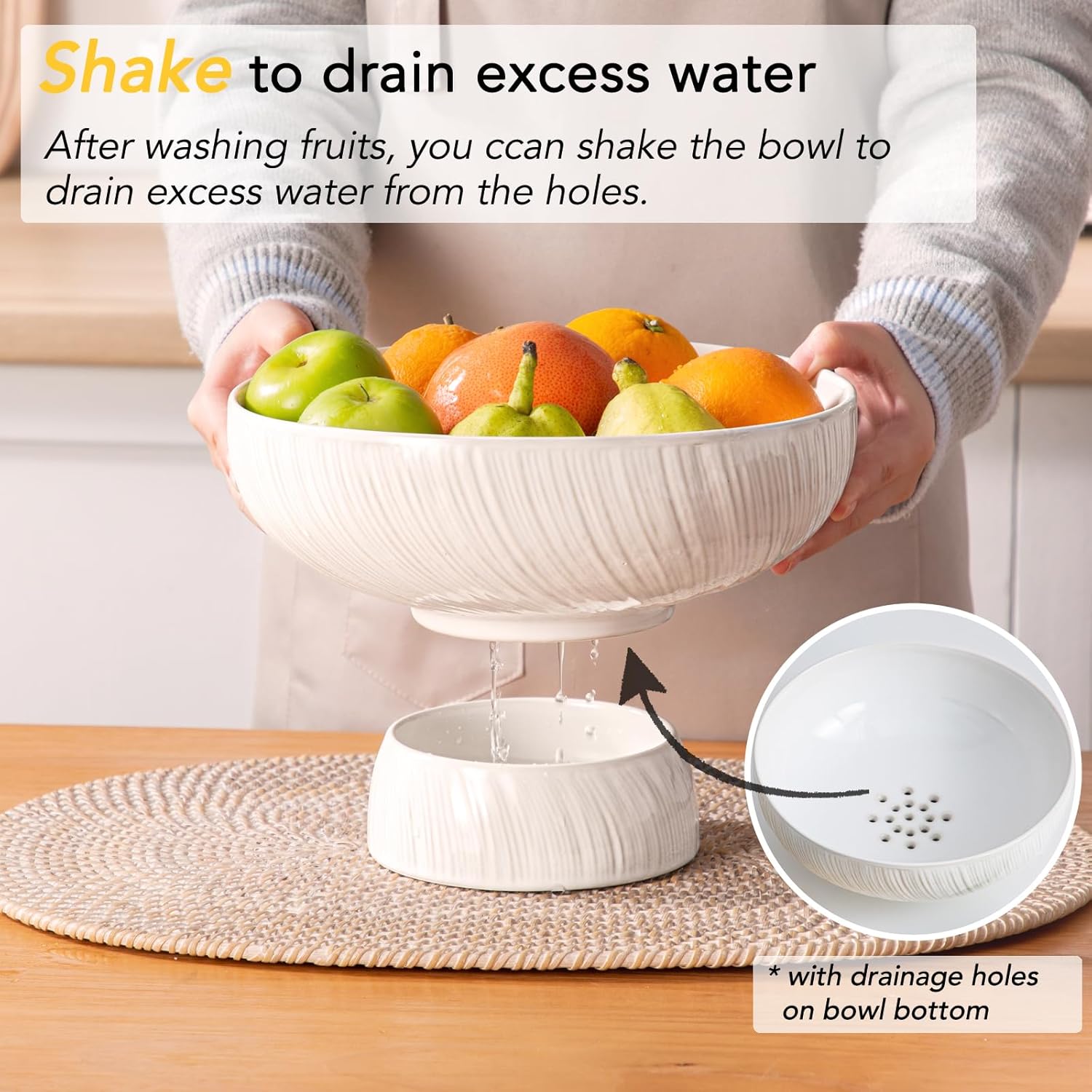 Ceramic Fruit Bowl with Pedestal: 10 inch Ceramic Fruit Basket with Drainage Hole and Detachable Base - Dishwasher Safe and Stable - Decorative Bowl for Kitchen Table Counter (White)