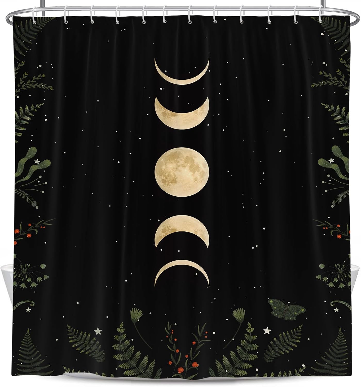 Coxila Moon Phase Shower Curtain Extra Long Moonlit Celestial with Red Floral Leaves Plants Goth Gothic Witch Witchy Mysticism Design Bathroom 72 x 84 Inch Polyester Fabric 12 Pack Hooks