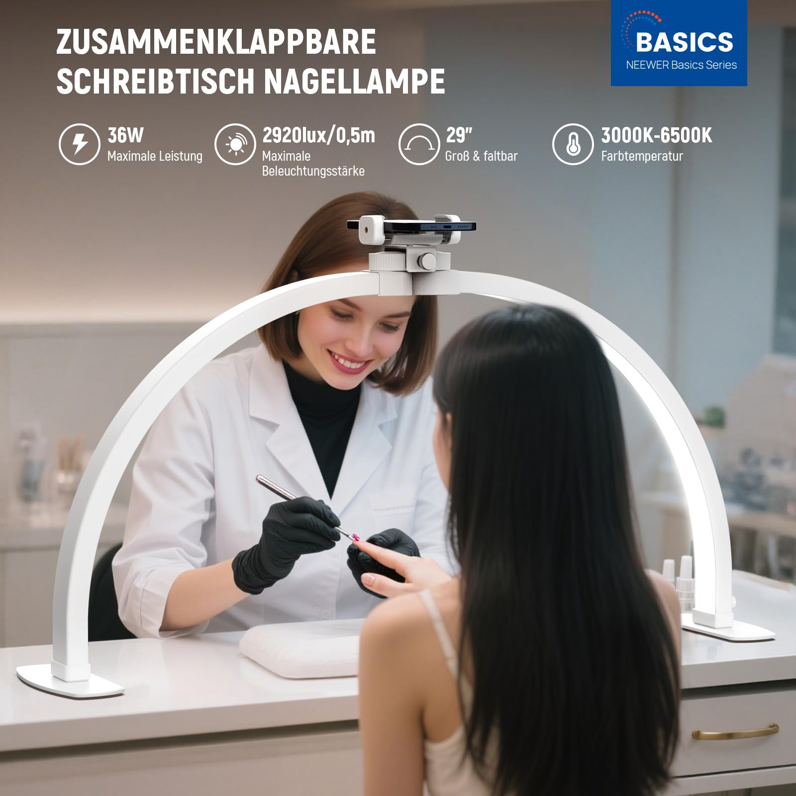 NEEWER Basics 29" Halbmond Nagellampe für Tisch, 36W klappbare Nagelstudio Bogenlampe, LED Maniküre Halb Ringlicht mit Handyhalter für Makeup Beauty Tattoo Überkopf Videoaufnahmen, HM02-D