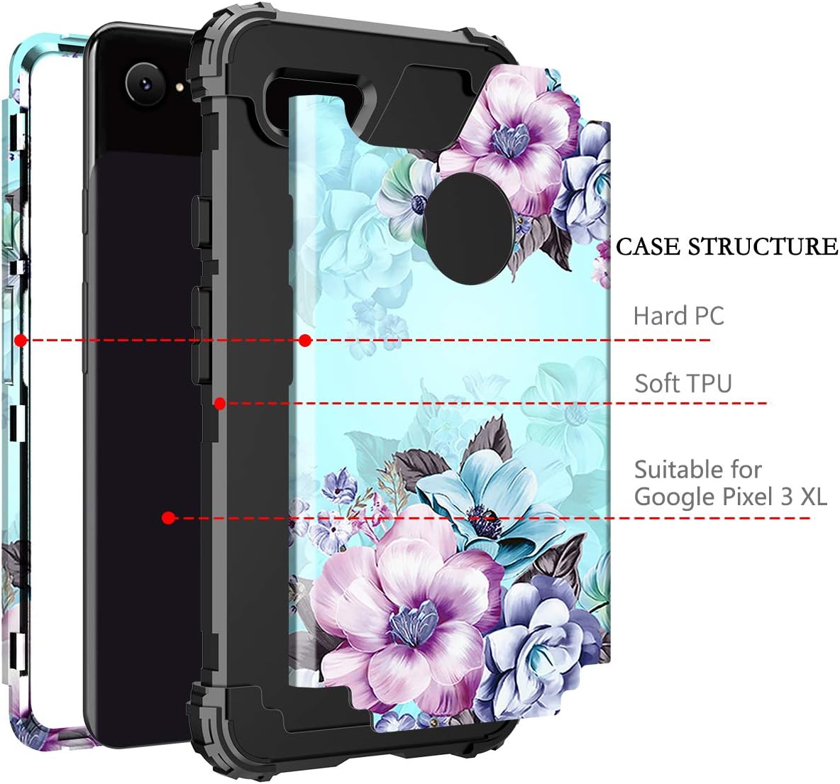 Casetego Compatible with Google Pixel 3 XL Case,Floral Three Layer Heavy Duty Hybrid Sturdy Shockproof Full Body Protective Cover Case for Google Pixel 3 XL,Blue