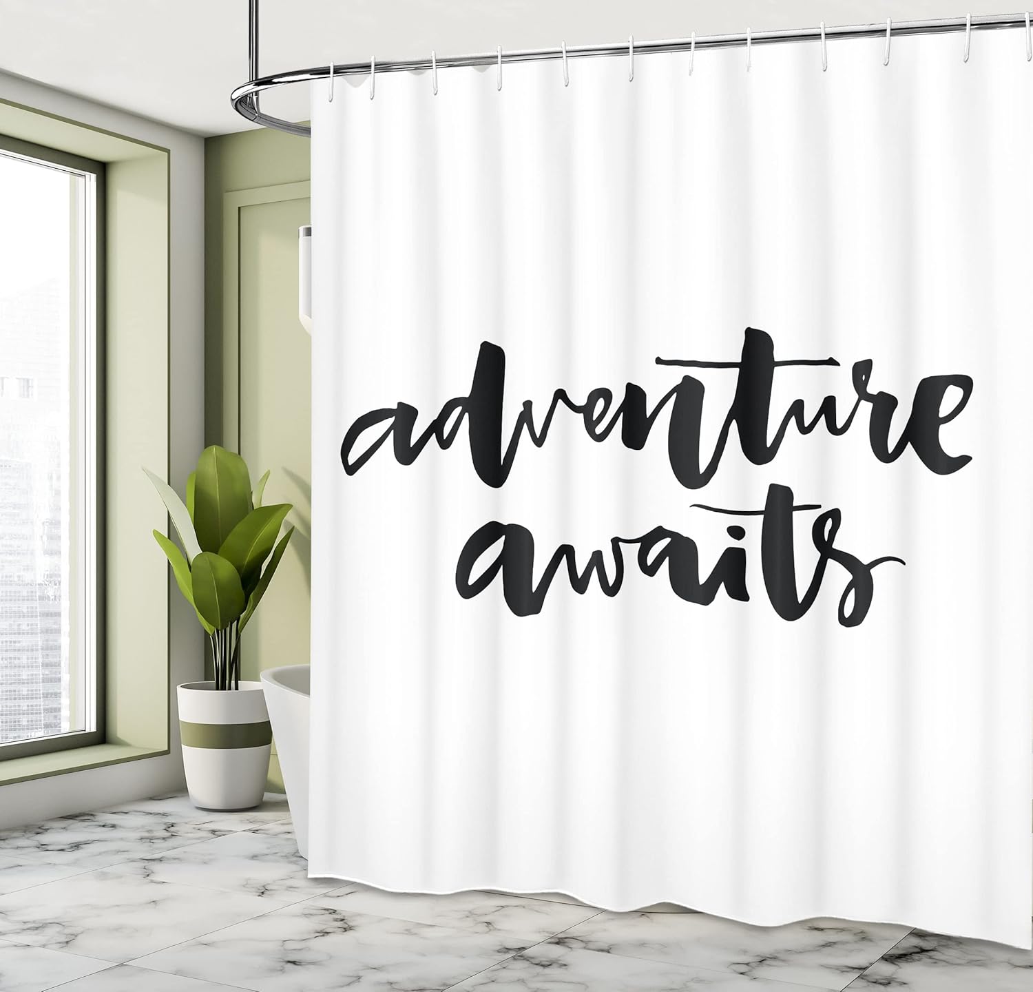 Ambesonne Adventure Shower Curtain, Inspirational Words About Life and Travel Adventure Never Stops Journey Theme, Cloth Fabric Bathroom Decor Set with Hooks, 69" W x 75" L, White Charcoal Grey