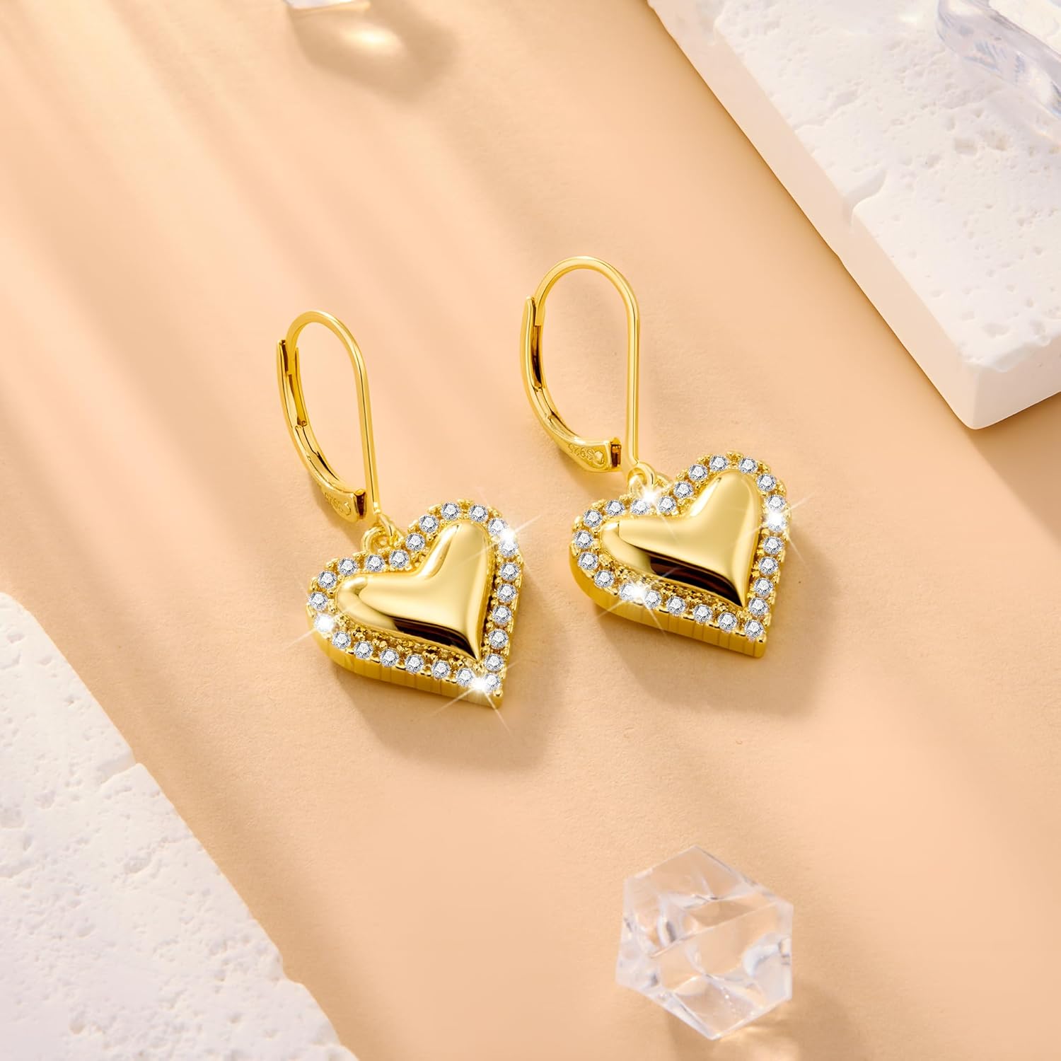 14K Gold Plated Heart Dangle Earrings, ALEXCRAFT Golden Dangling Drop Earring for Trendy Women Leverback Earing Cubic Zirconia Hearts Shaped Hypoallergenic of Valentine - Image 5