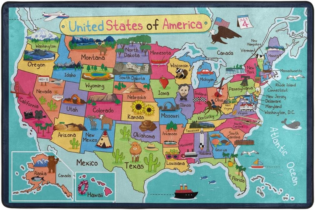 Kids Rugs Playmat Cartoon American Map 5x7 Ft Children ...