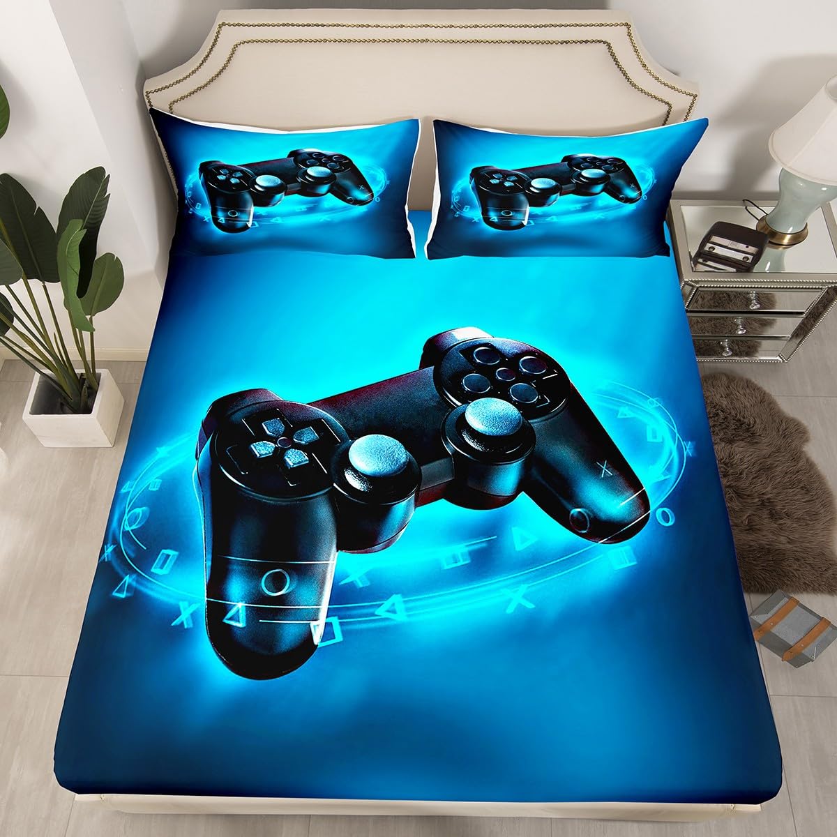 Loussiesd Boys Game Fitted Sheet 100% Microfiber Breathable Video Game Gamepad Gaming Only Bedsheet No Pillowcases Fitted Sheets Luxury Blue Double(135x200+30cm) - Image 2