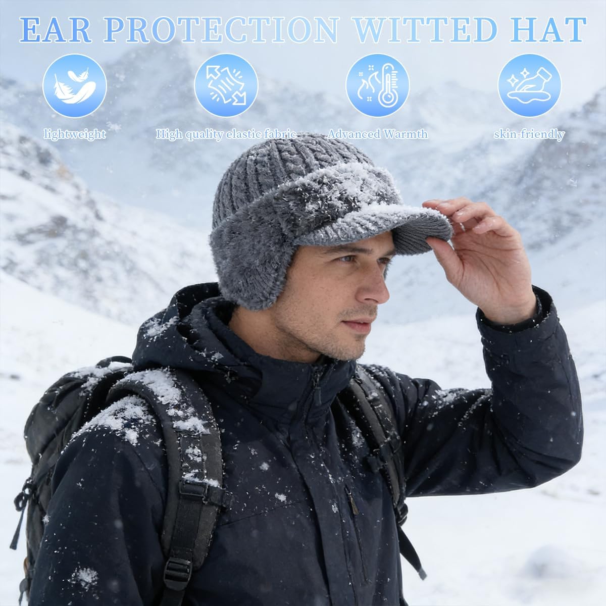 Trapper Blocking Knitted Hat, Coldshield Trapper Hat, Blocking Knitted Hats with Ear Flaps and Wool Brim, Soft Breathable. Gray - Image 3