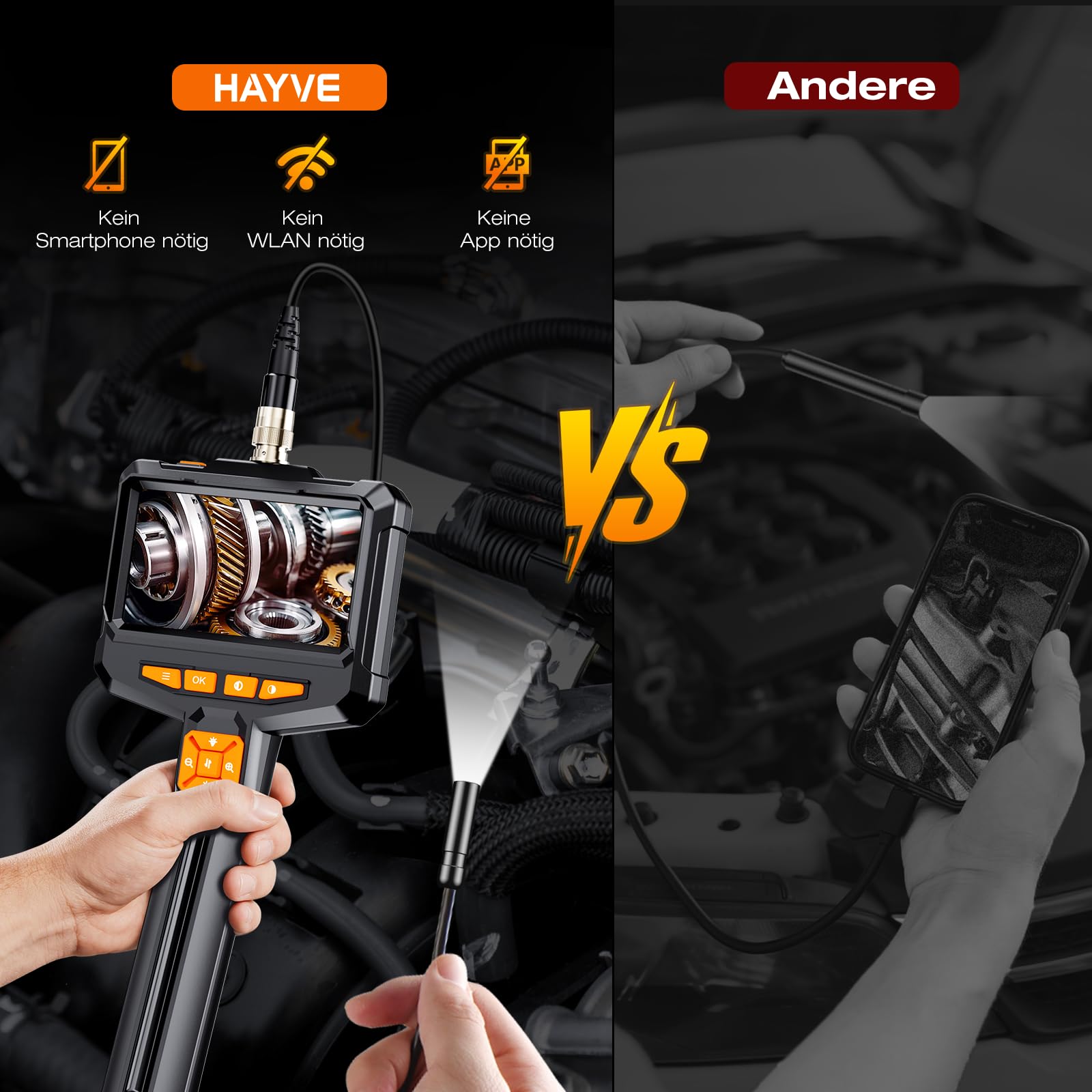 Endoskopkamera mit Licht 5M, 4,3-Zoll 1080P HD Endoskop Kamera Handy | Rohrkamera mit 8 Einstellbaren LED Licht, Ip67 Wasserdichtes Halbstarrer Inspektionskamera, Kanal-Kamera für Automobilmotor