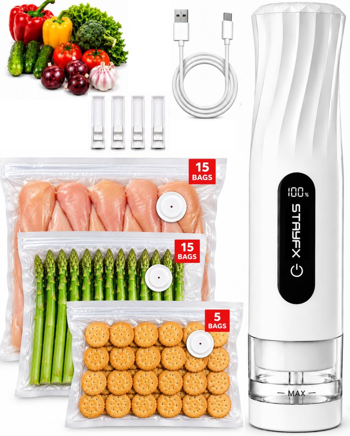 Compact Vacuum Sealer for Food (Handheld Vacuum Sealer Machine + 35 Reusable Vacuum Bags) Powerful Portable Wireless Food Sealer, Seal Meal Saver, Keeps Food Fresh 8X Longer