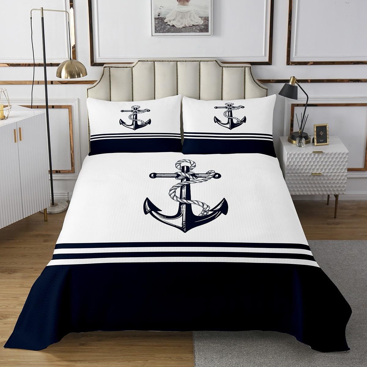 jejeloiu Anchor Decor Bedspread King Size Kids Nautical Themed Quilted Coverlet for Boys Teens Ocean Coastal Coverlet Set Breathable Sea Adventure Navy Blue White Quilted Room Decor