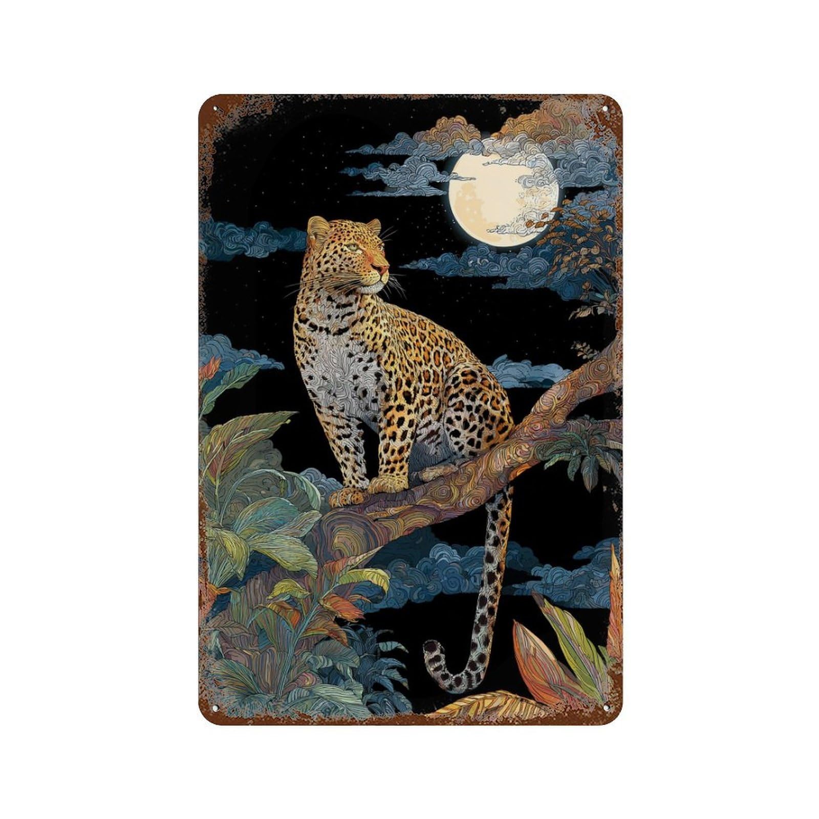 Garage Style Amazon Jungle Moonlit Leopard Distressed Metal Wall Sign 11.8"x7.9", Classic Wall Plaque for Bar And Workshop