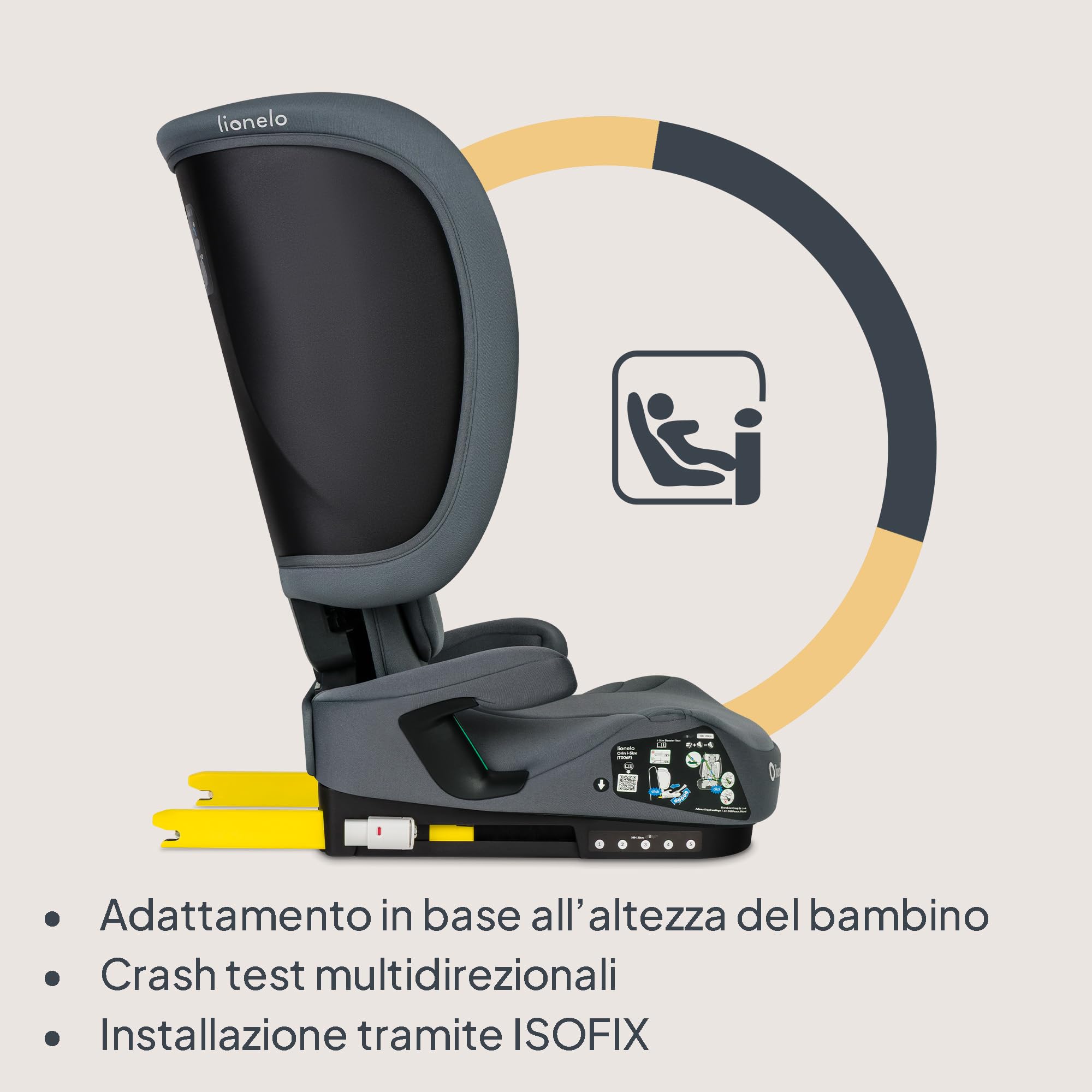 Lionelo Seggiolino Auto Pieghevole ORIN I-SIZE con ISOFIX per bambini 3,5-12 Anni, Reclinabile 4 Posizioni, Poggiatesta 14 Posizioni, Sfoderabile Lavabile, Borsa e Portabicchiere, i-Size 100-150 cm