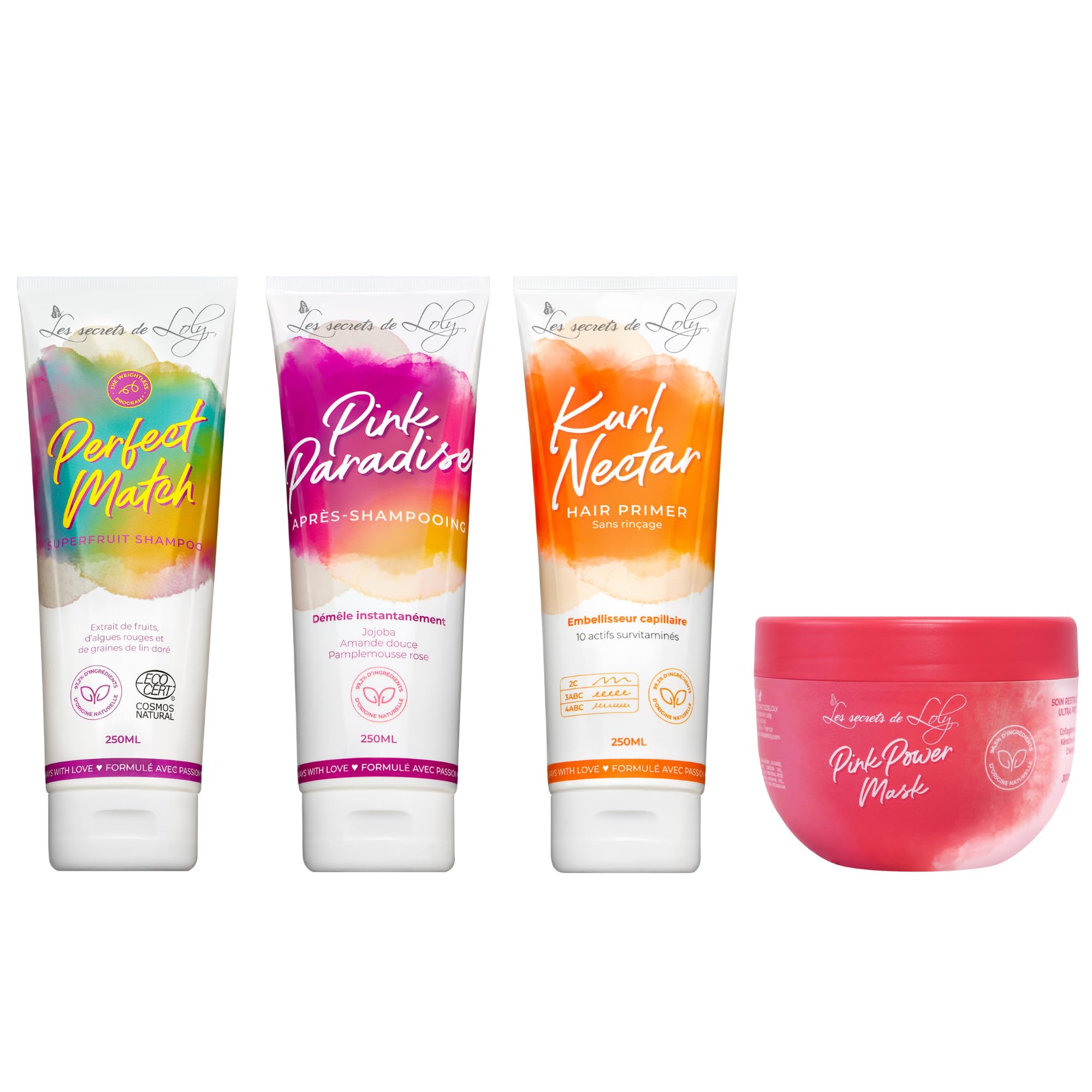 Les Secrets De Loly Rytuał do pielęgnacji włosów z teksturą - Szampon Perfect Match - Odżywka do włosów Pink Paradise - Pink Power Mask - Leave-in Kurl Nectar - 3x250ml + 1x300ml