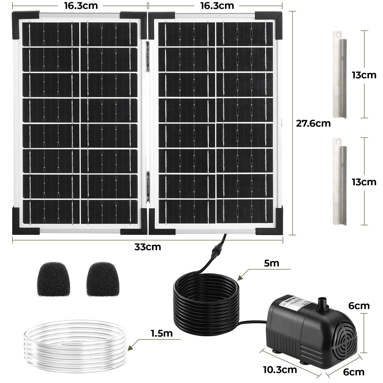 Clevich 20W Solar Springbrunnen für Außen, 230L/H Maximale180cm Höhe Teichpumpe Solar mit 4+4 Düsen & 2 Ersatzfilter, 1.5M Wasserleitung 5M Kabel DIY Mittelgroße Gartenteiche (5-10㎡),Vogelbad Brunnen
