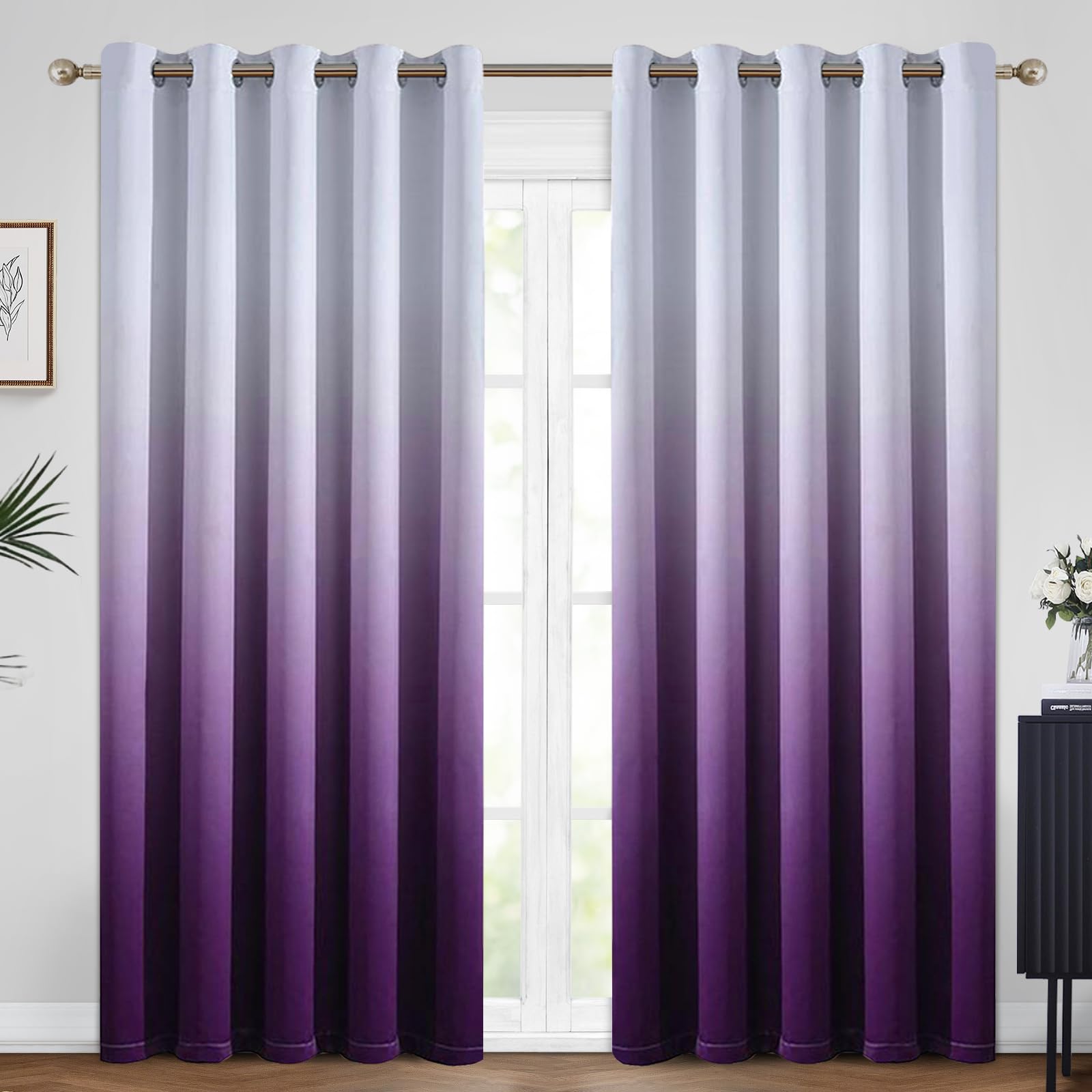 Yakamok 84 Inch Long Ombre Curtains,Thermal Insulated Light Blocking Greyish White to Purple Gradient Color Curtains, Room Darkening Grommet Window Drapes for Living Room/Bedroom(2 Panels,62W x 84L) — image 1