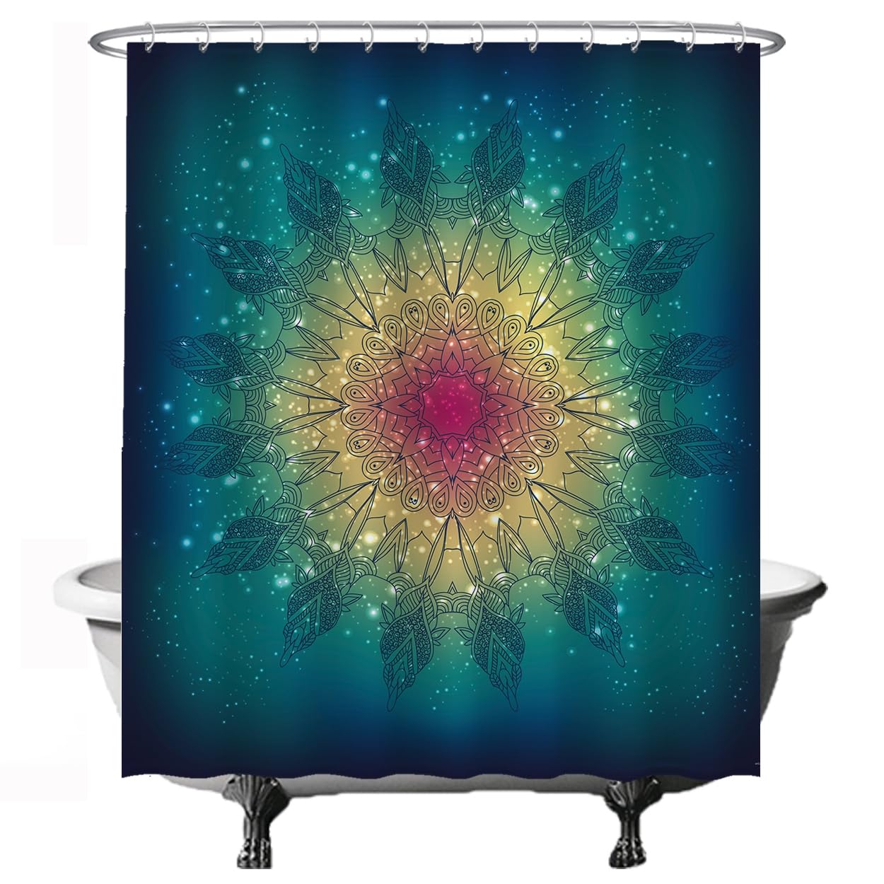 Ulticool Mandala Bohemian Shower Curtain - Gold Green Pink - 180 X 200 Cm - Anti-Mould - Washable - Waterproof - With 12 Rings