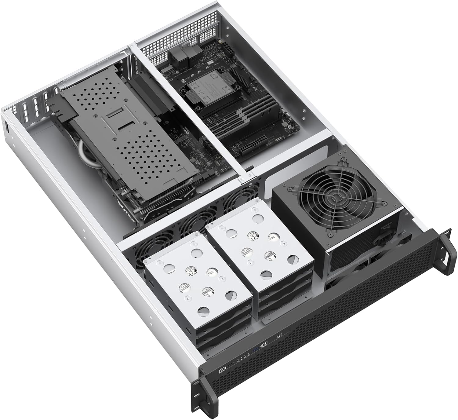 Internal view showing power supply unit area and hard drive bays