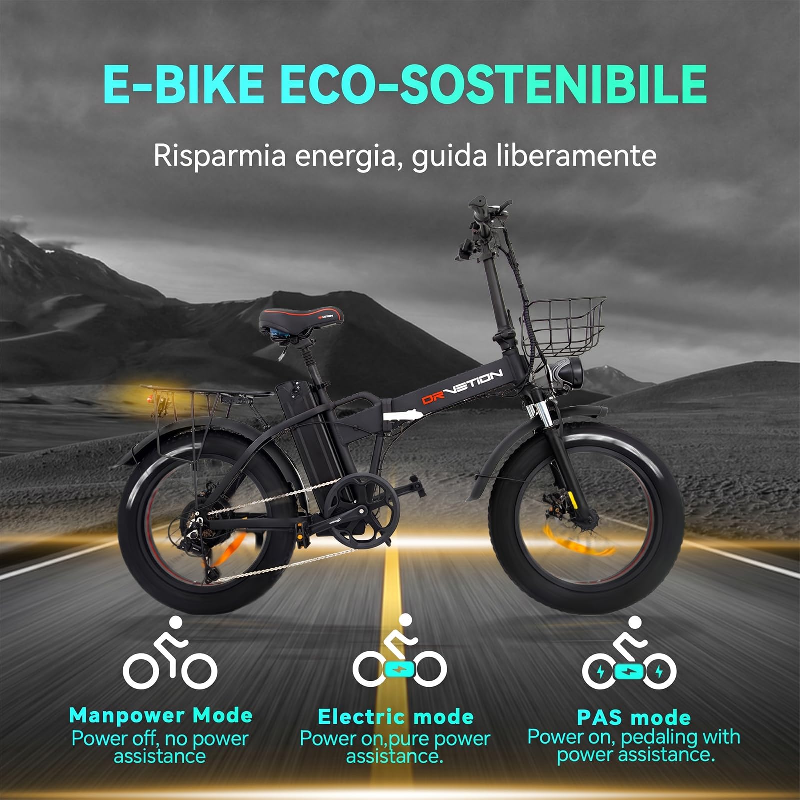 Bicicletta elettrica Pieghevole Pneumatici Fat da 20" x 4" Batteria Rimovibile da 48V 20Ah Massima 25 km/h Autonomia 100–130 km Design uomo donna per Spostamenti Urbani e Rurali AT20 PRO