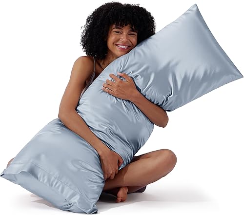 Vista 24 de Bedsure - Juego de fundas de almohada de satén tamaño king, 2 unidades - Fundas de almohada gris plateado para cabello y piel con cierre de sobre