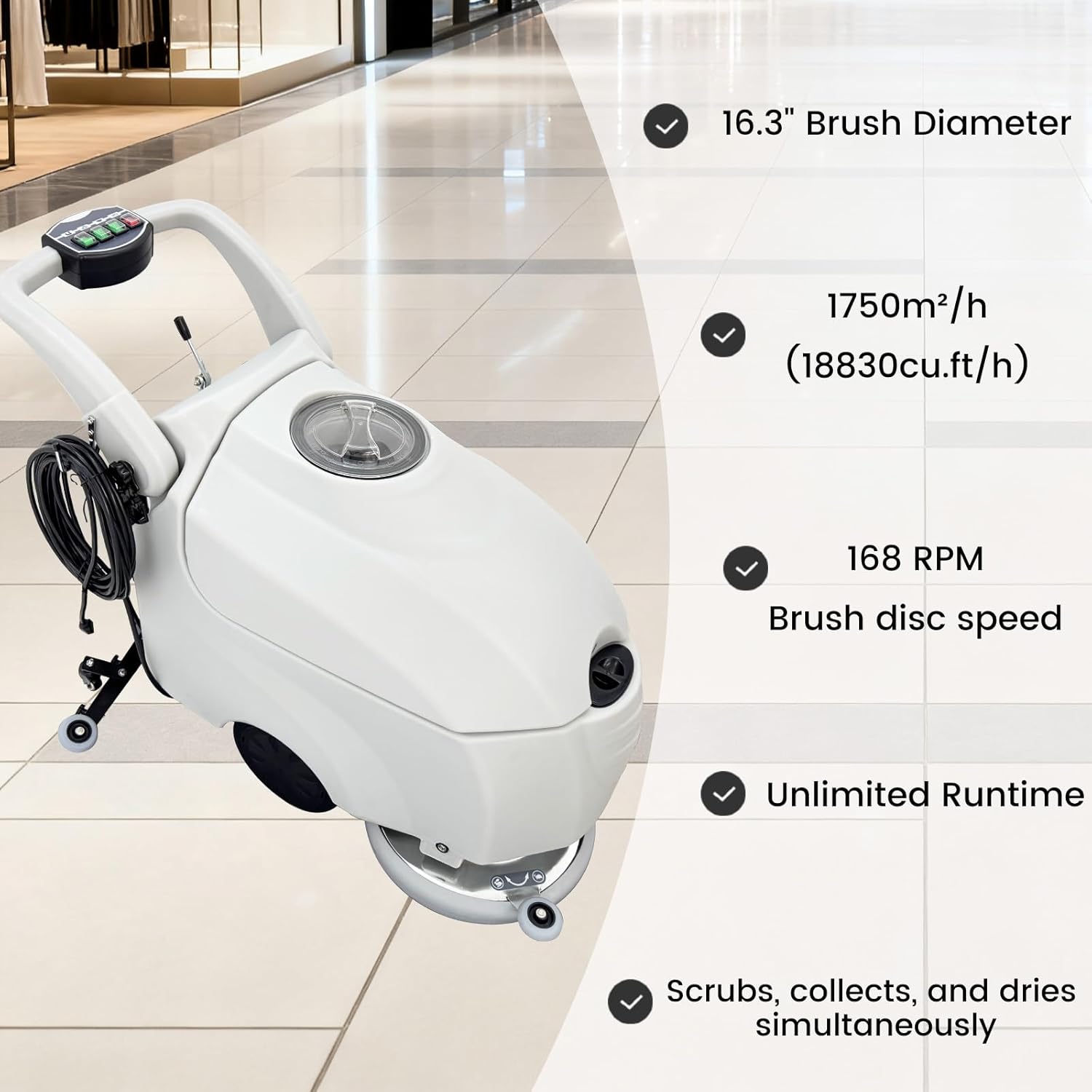 110V Commercial Auto Floor Scrubber Machine - 16.3" (415mm) Brush, 14.3 Gallons Dual Tanks, 1750m²/h Cleaning Rate, Commercial Floor Polisher Cleaning Machine for Tile, Marble, Epoxy
