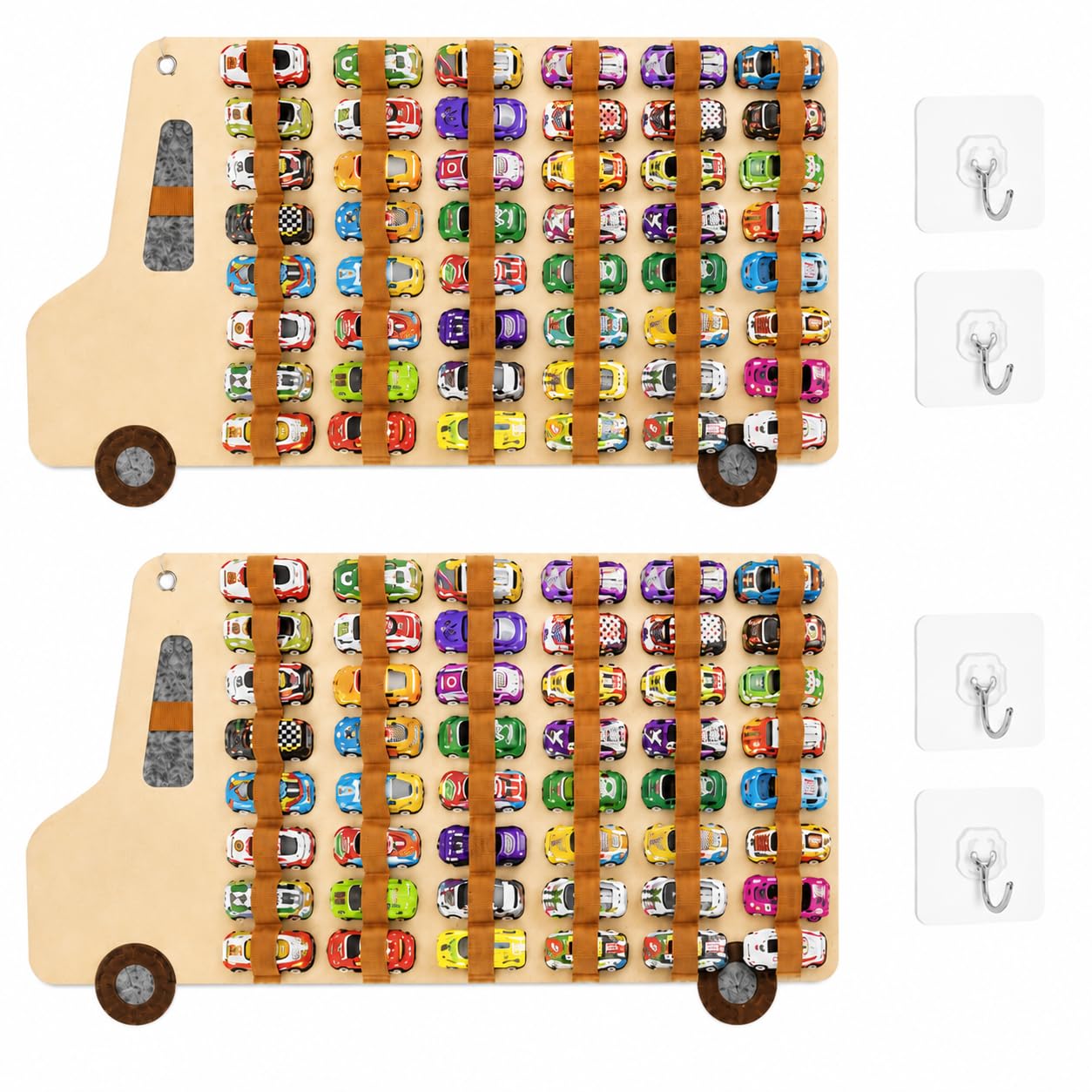 Toy organizer,Hanging Car model Storage Organiser with 2 transparent hooks, 40 Toy Cars Display, Wall-Mounted,21.6 x 13.6in,Plush Organizer for Nursery Room/Playroom/living Room (2 Brown)