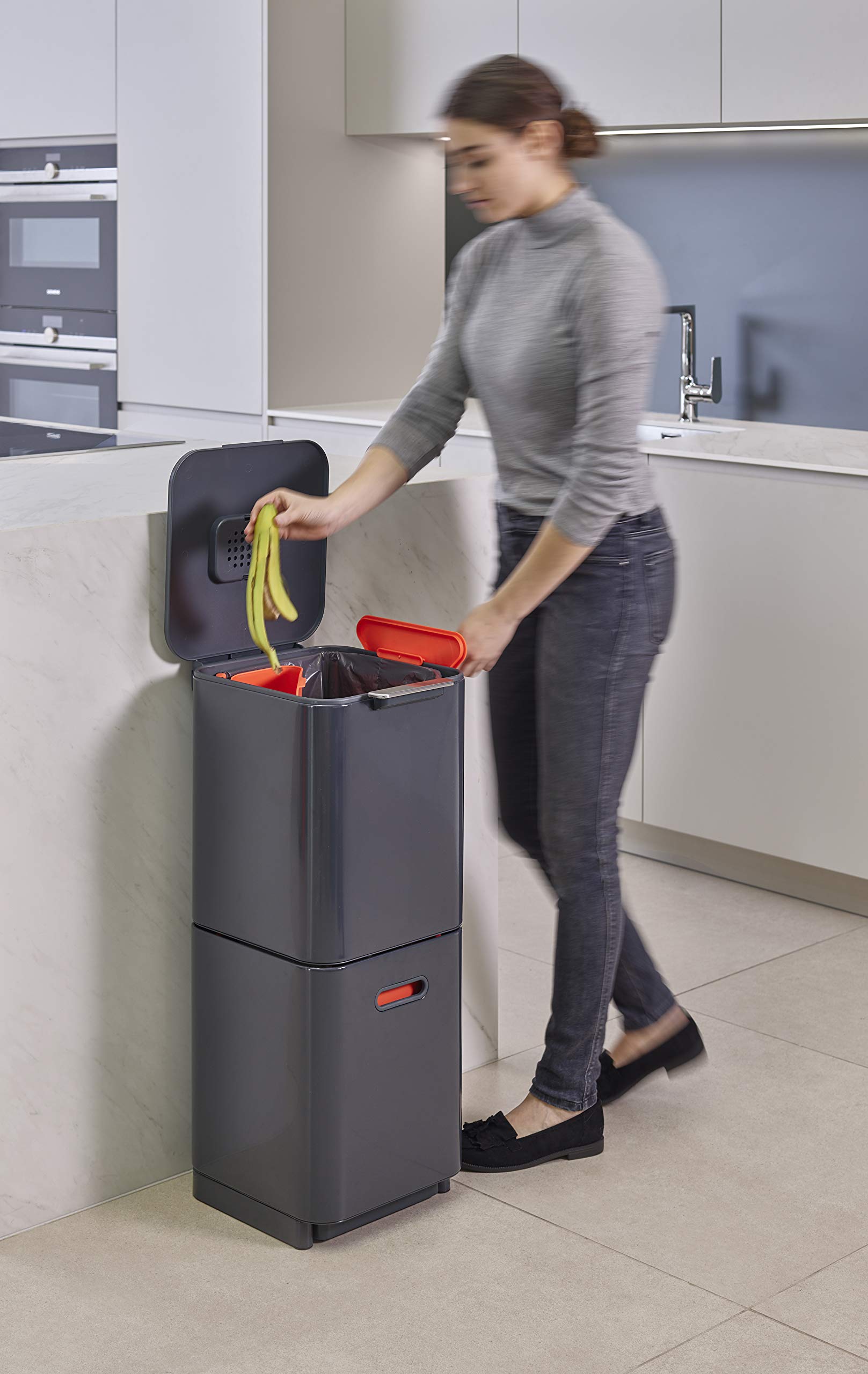 Joseph Joseph Totem Poubelle de cuisine 40L tri recyclage avec bac à compost filtre charbon actif Graphite