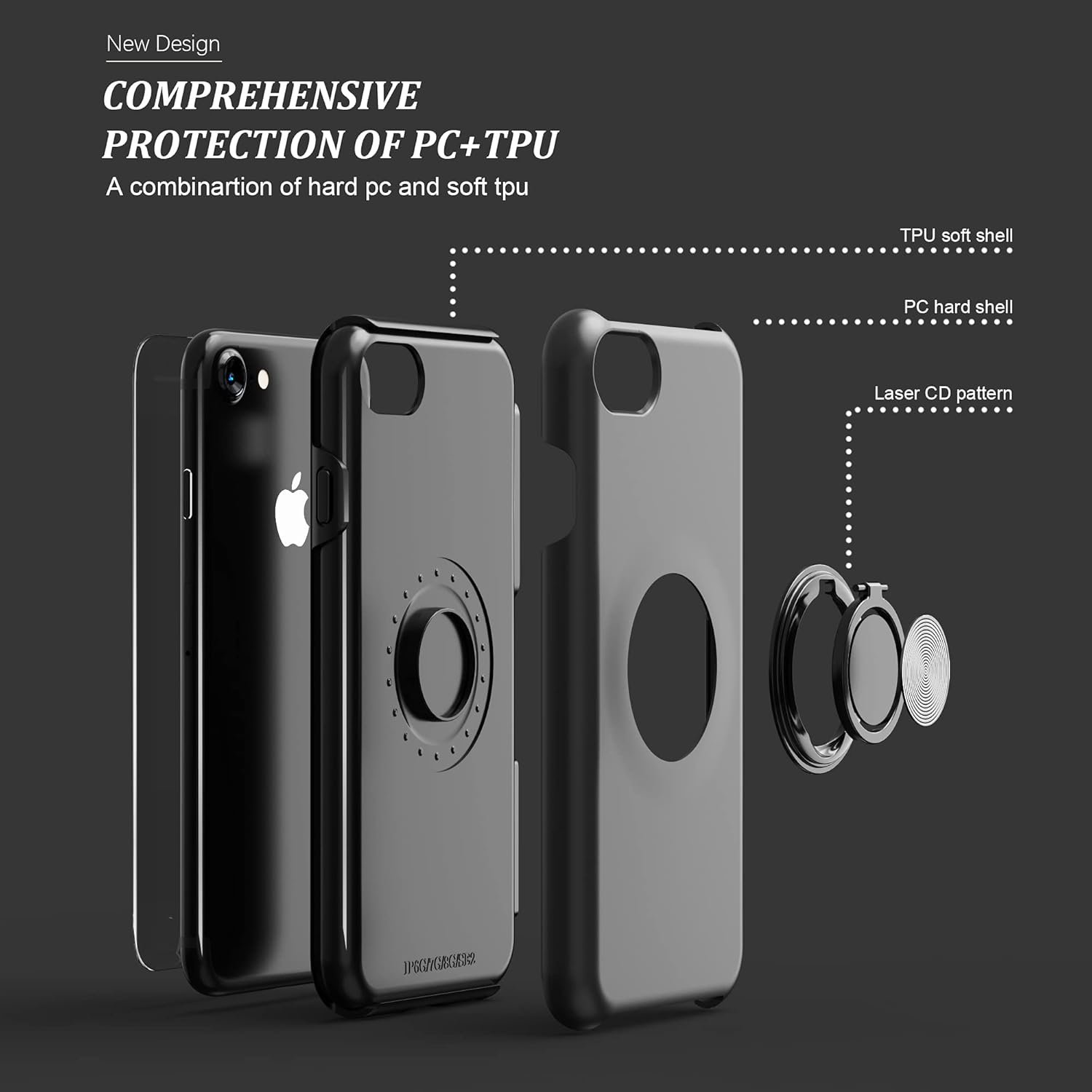 for iPhone SE 2020/2022 Case with Tempered Glass Screen Protector, Hybrid Protective Slim Fit Case with Invisible Magnetic Ring Kickstand, Black - Image 5