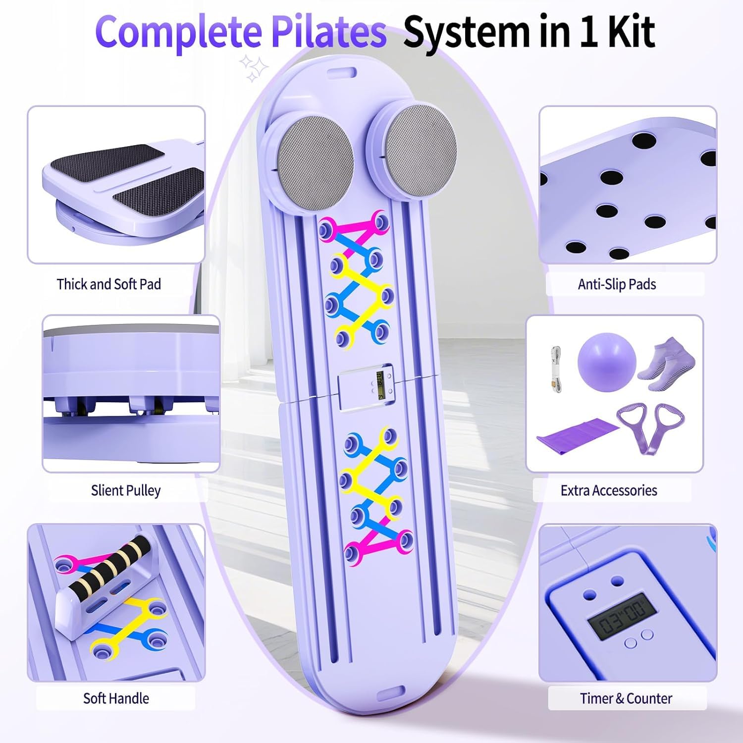 Pilates Board, Tragbares Faltbares Pilates Reformer Set, Vielseitige Pilates Board für Zuhause, Helllila