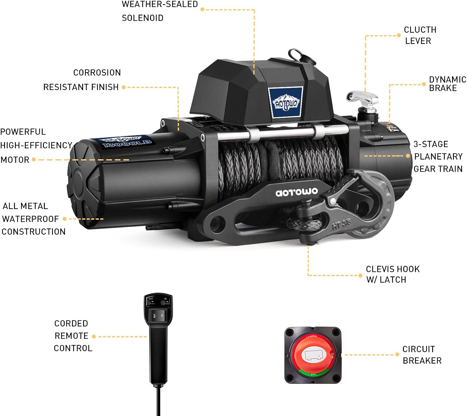 13000 lb Electric Winch 12V Winch Waterproof Synthetic Rope Fit SUV Truck Jeep Wrangle