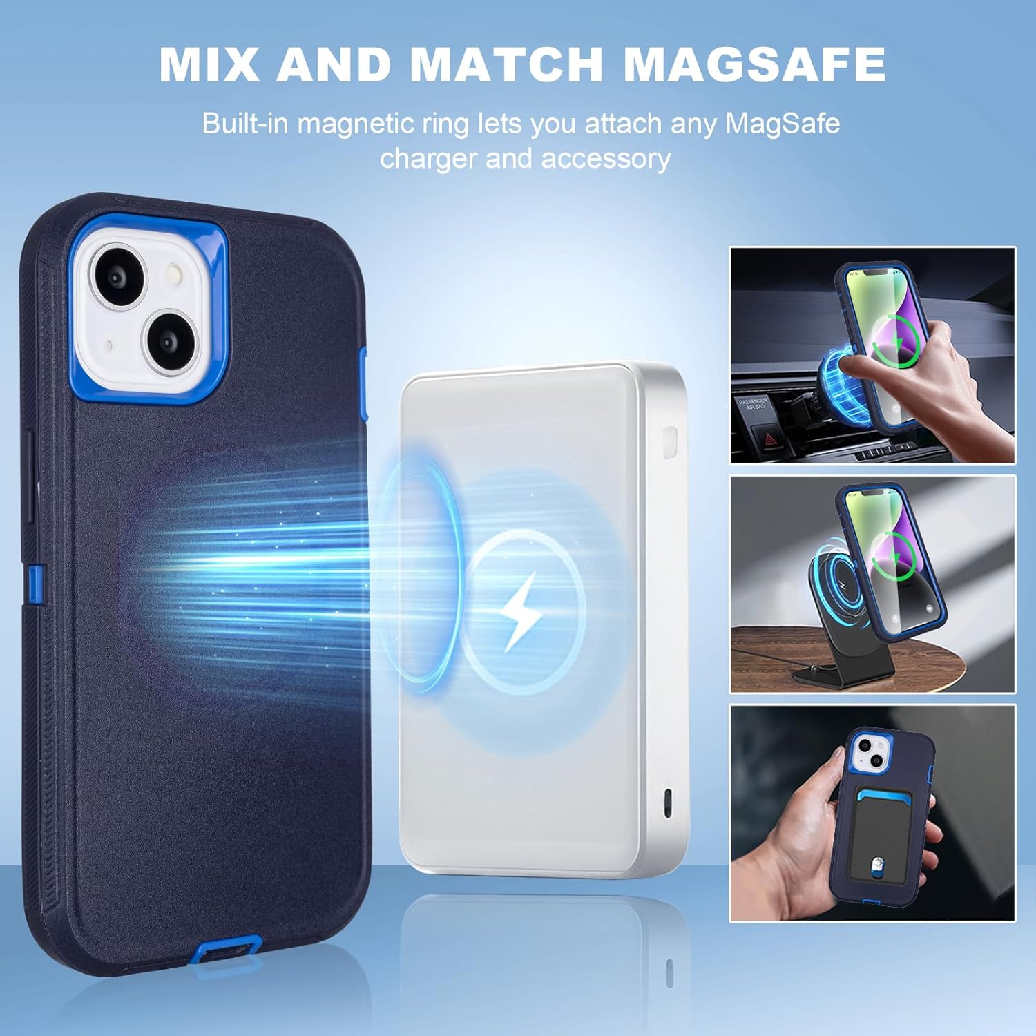 Defender for iPhone 14 Case with Belt Clip Holster, [Compatible with MagSafe] Heavy Duty Rugged Shockproof Anti-Drop Full Body Protective Case for iPhone 14 6.1 Inch (Navy+Blue)