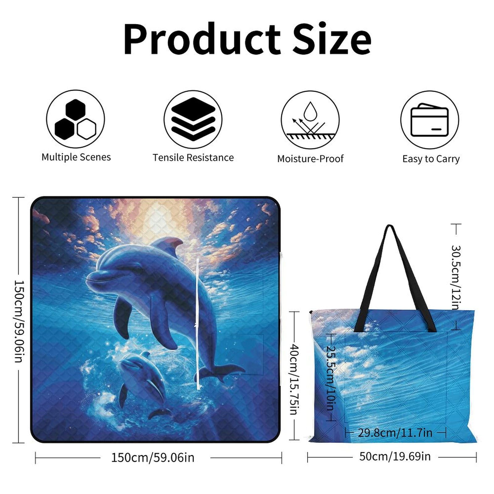 Manta de picnic y playa, manta de picnic portátil, grande, manta de picnic con lindos delfines, plegable, duradera, para playa, camping, césped, parque, accesorios