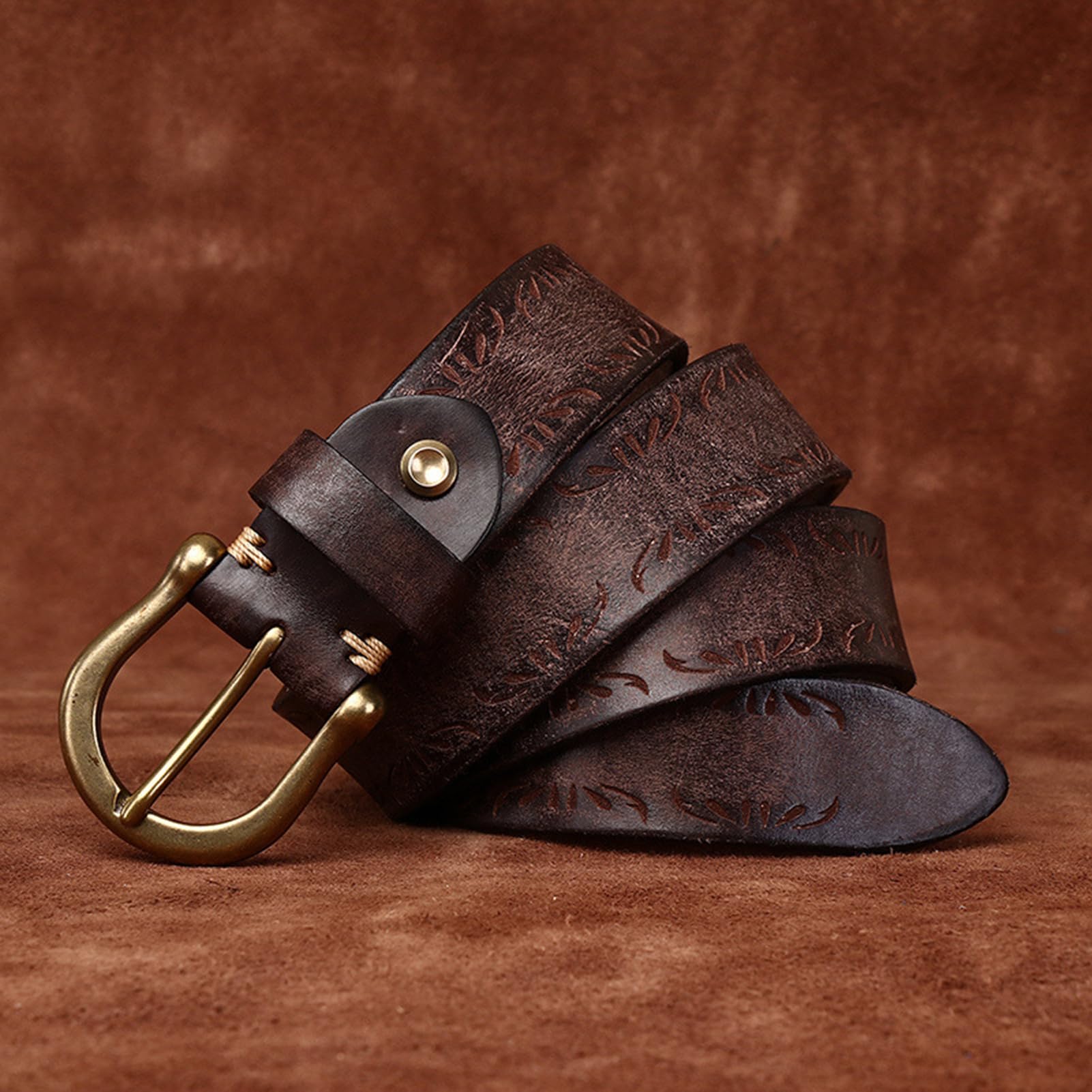 NALANY Western Cowboy Engraved Floral Tooled Embossed Belt Distressed Strap Thicken 5.5mm with Prong Horseshoe Gold Buckle(100cm/waist:33