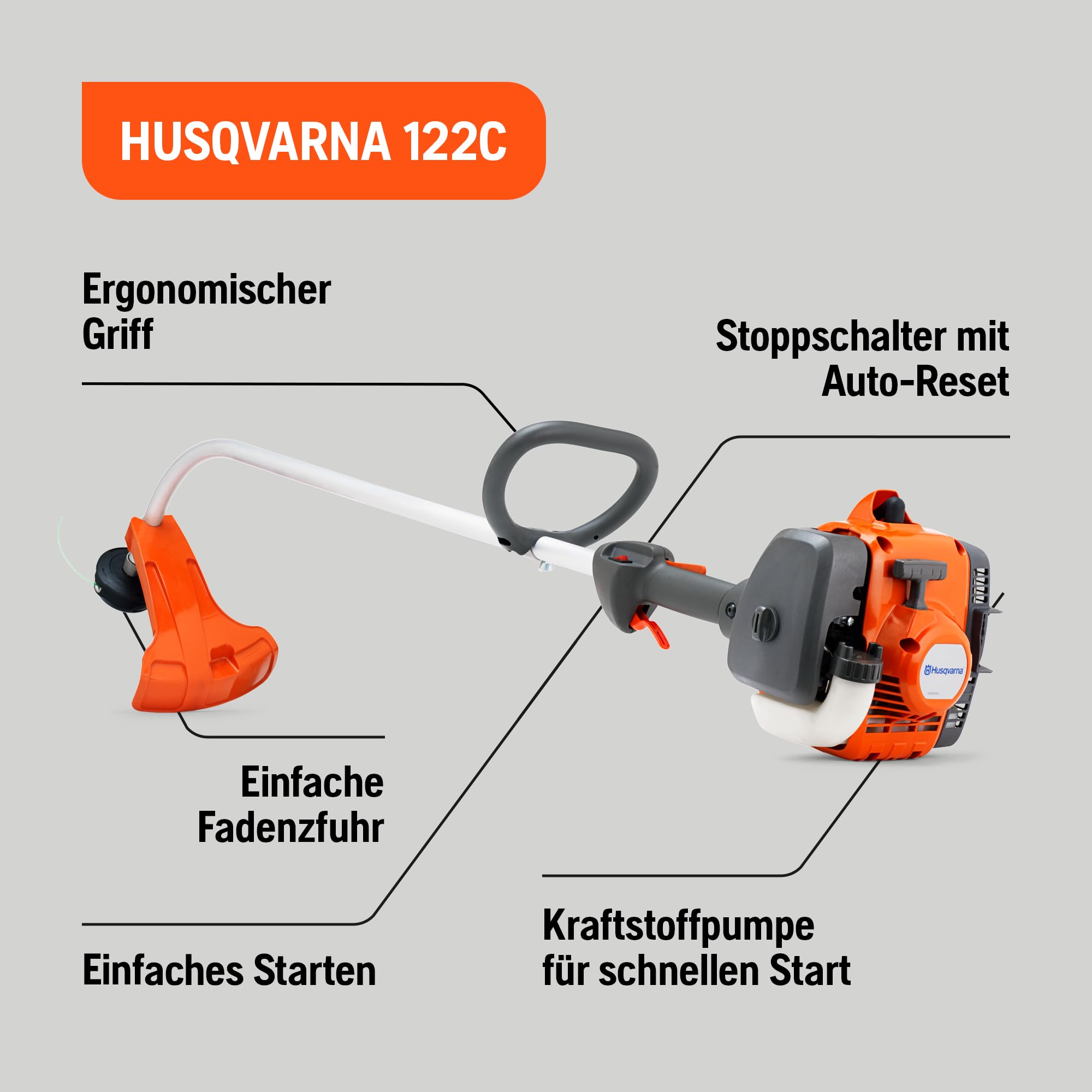 Husqvarna 122C 600W Gasolina Negro, Naranja - Cortacésped (7800 RPM, Negro, Naranja, Gasolina, 600 W, 4,4 kg)