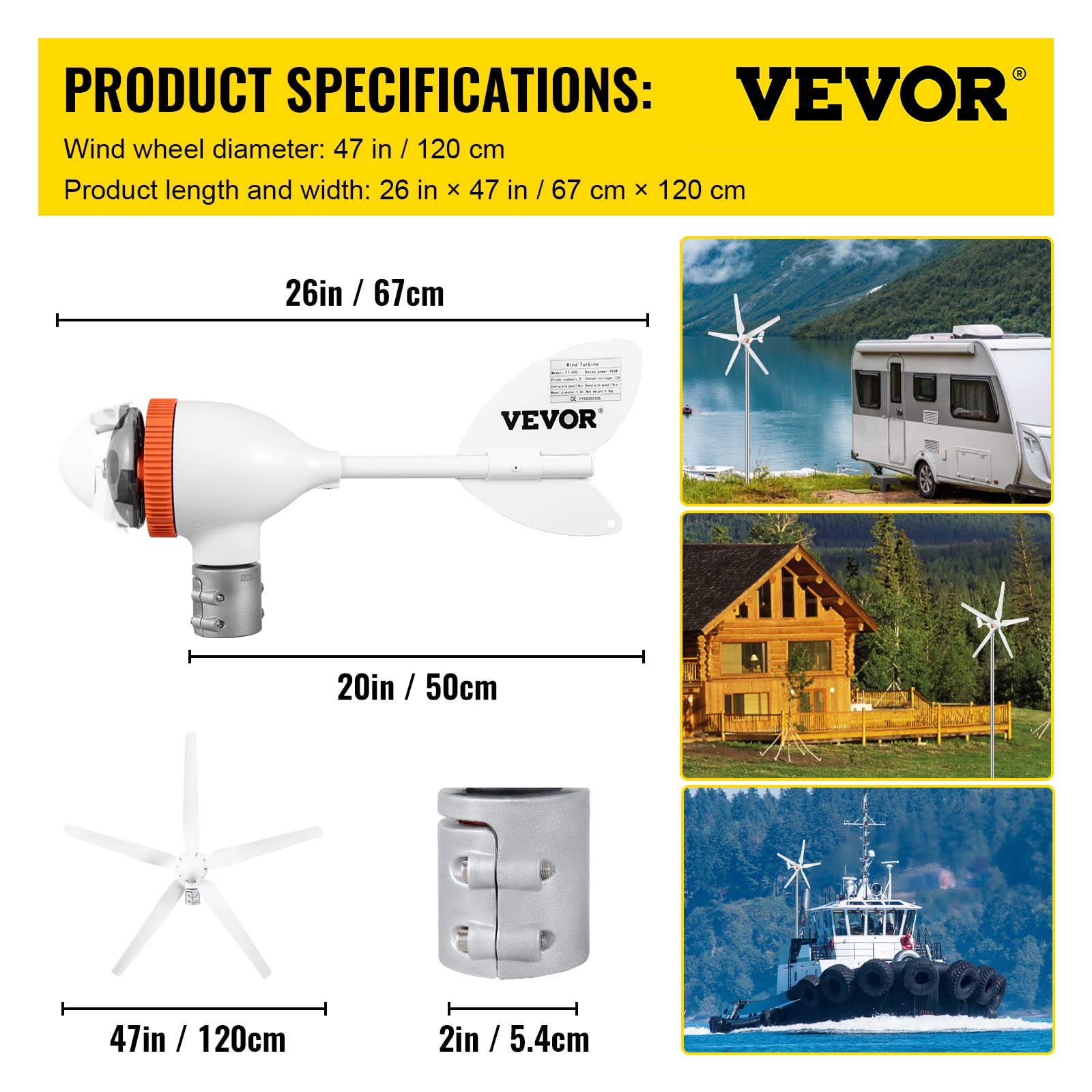 VEVOR Kit di Generatore Eolico Generatore 12V/24V(Auto) Con Controllo di Ricarica MPPT a Trifase 200W a 5 Pale, Uso nella Ricarica per il Monitoraggio Domestico, Camper, Barche e Altro Uso Domestico