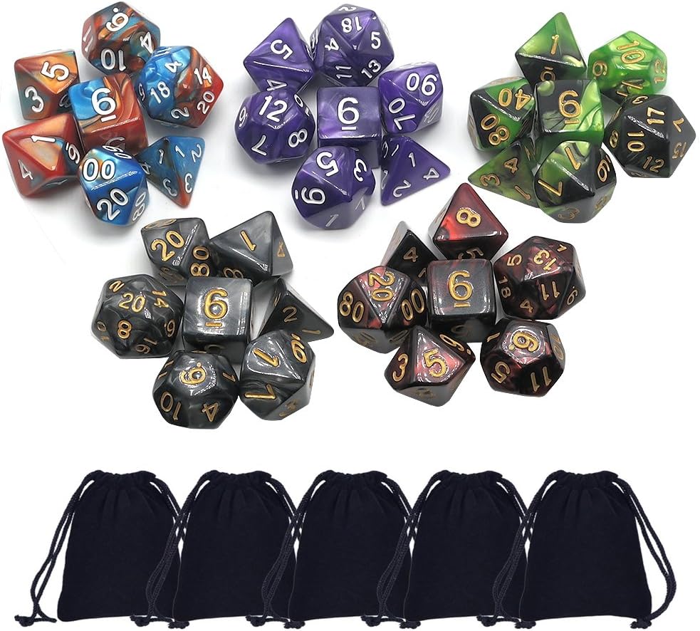TOLIN D&D Dice Set, 5X 7 Precision Polyhedral Dice Set w/DND Dice Bag, D4 D6 D8 D10 D12 D20 Dice Multi Sided Dice Dungeons and Dragons Dice Games MTG RPG Dice Pathfinder Dice Role Playing Dice
