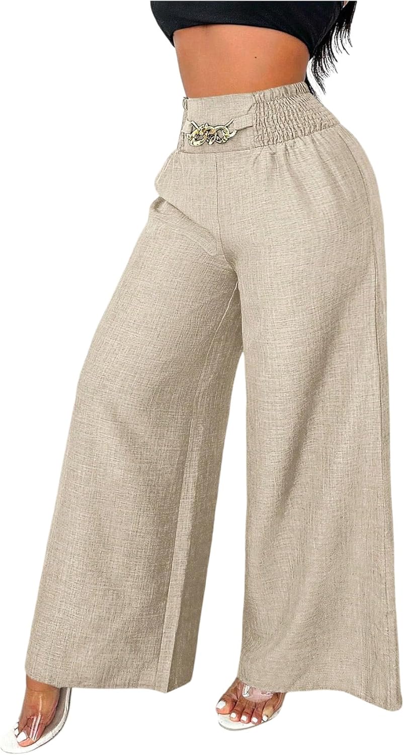 Floerns Women's High Waisted Wide Leg Pants Metal Chain Work Business Casual Trousers