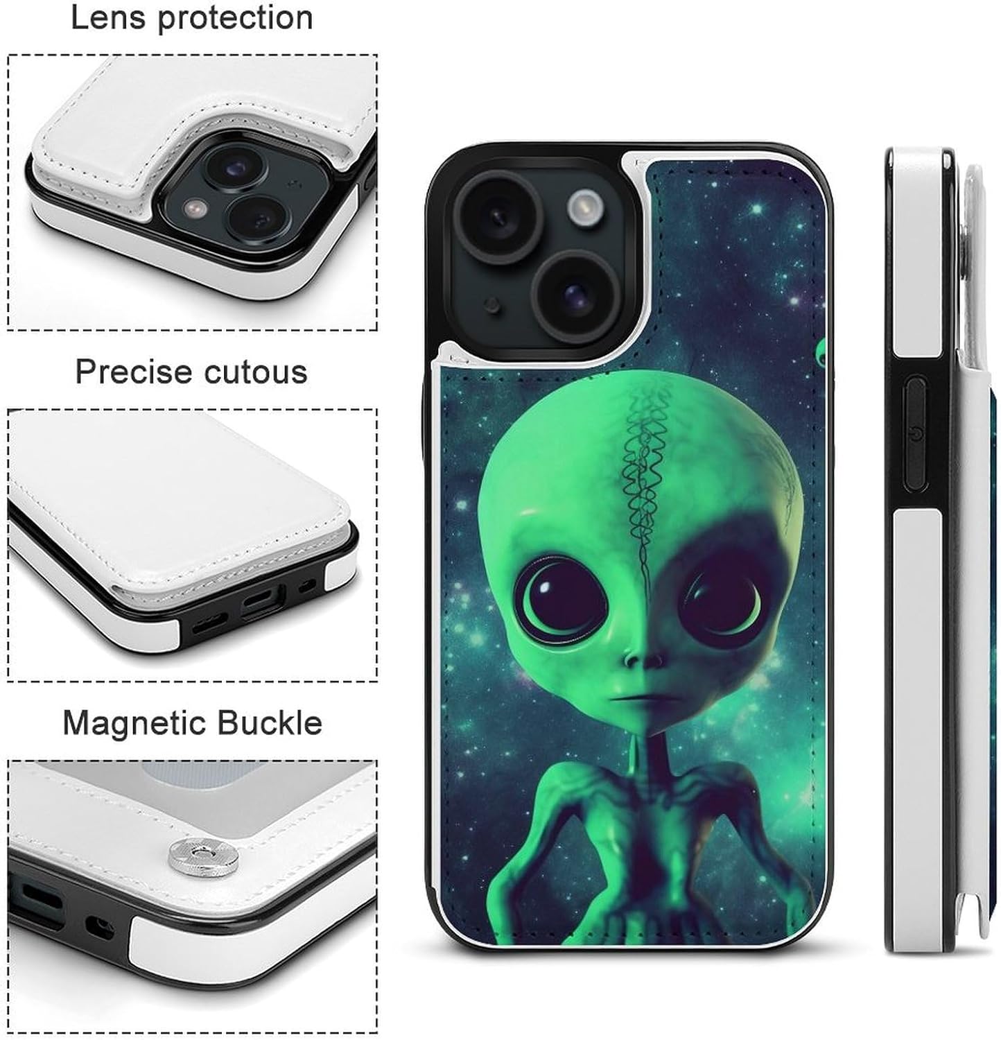 Wallet Cases for iPhone 15, Green Alien Prints Flip Leather Phone Case Cover with Card Slots Holder image 3