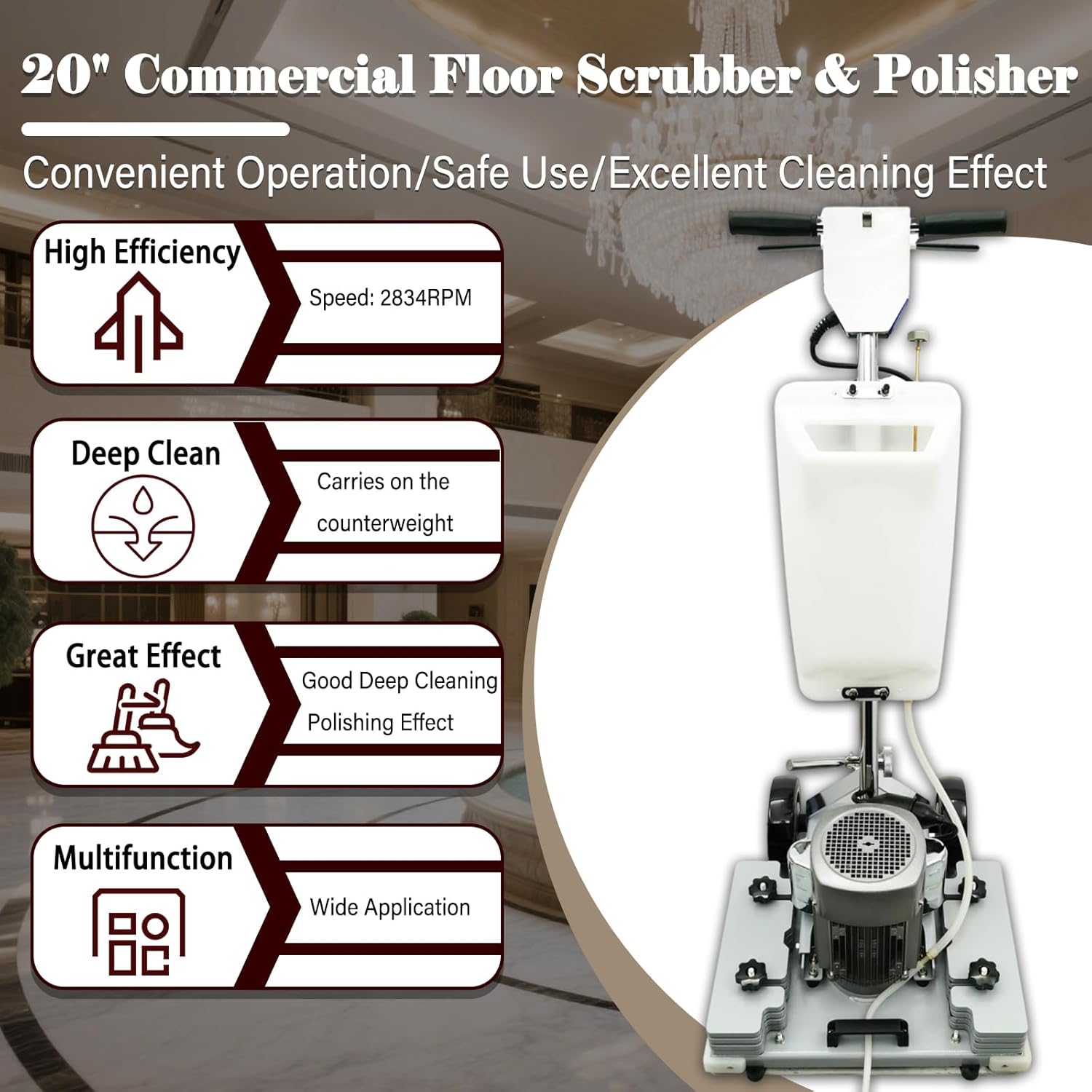 20" Commercial Floor Scrubber & Polisher Multi-functional Grinding Machine with 13L Tank - 2834 RPM for Wood, Tile, Epoxy, Low Noise Industrial Use 1500W 110V