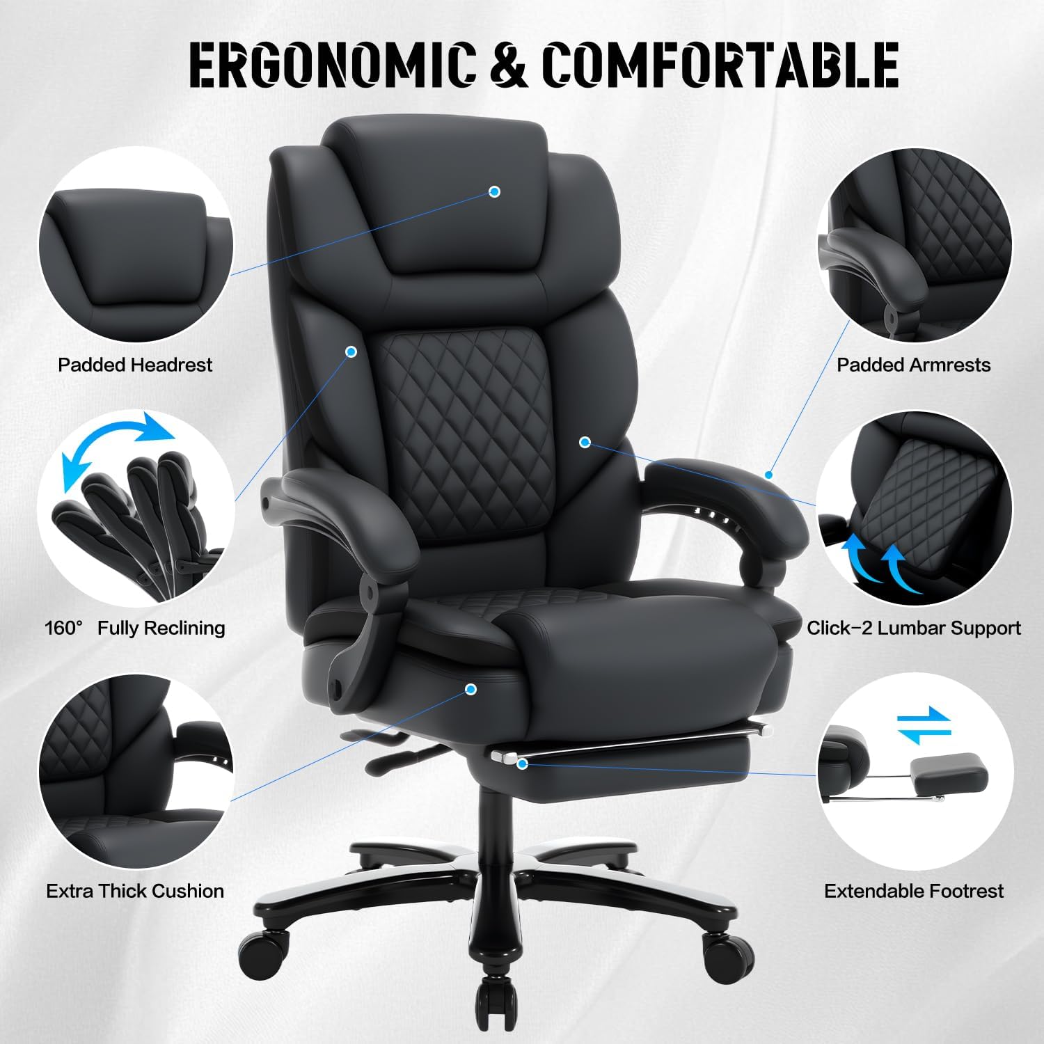 500lbs Recliner Office Chair with Footrest Lumbar Support, Wide Seat Plus Size 500lbs Big Tall Reclining Office Desk Chair, Black