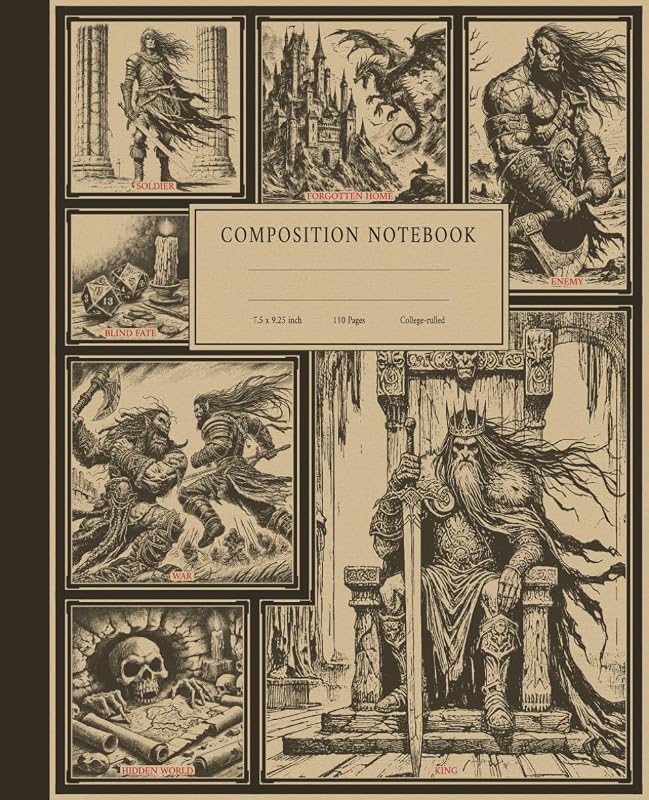 Cool Fantasy Theme Vintage Composition Notebook Featuring RPG and DnD Characters on Cover: 7.5 x 9.25 Size Aesthetic Journal with College Ruled Paper ... Office, Work and Role Playing Games Lovers