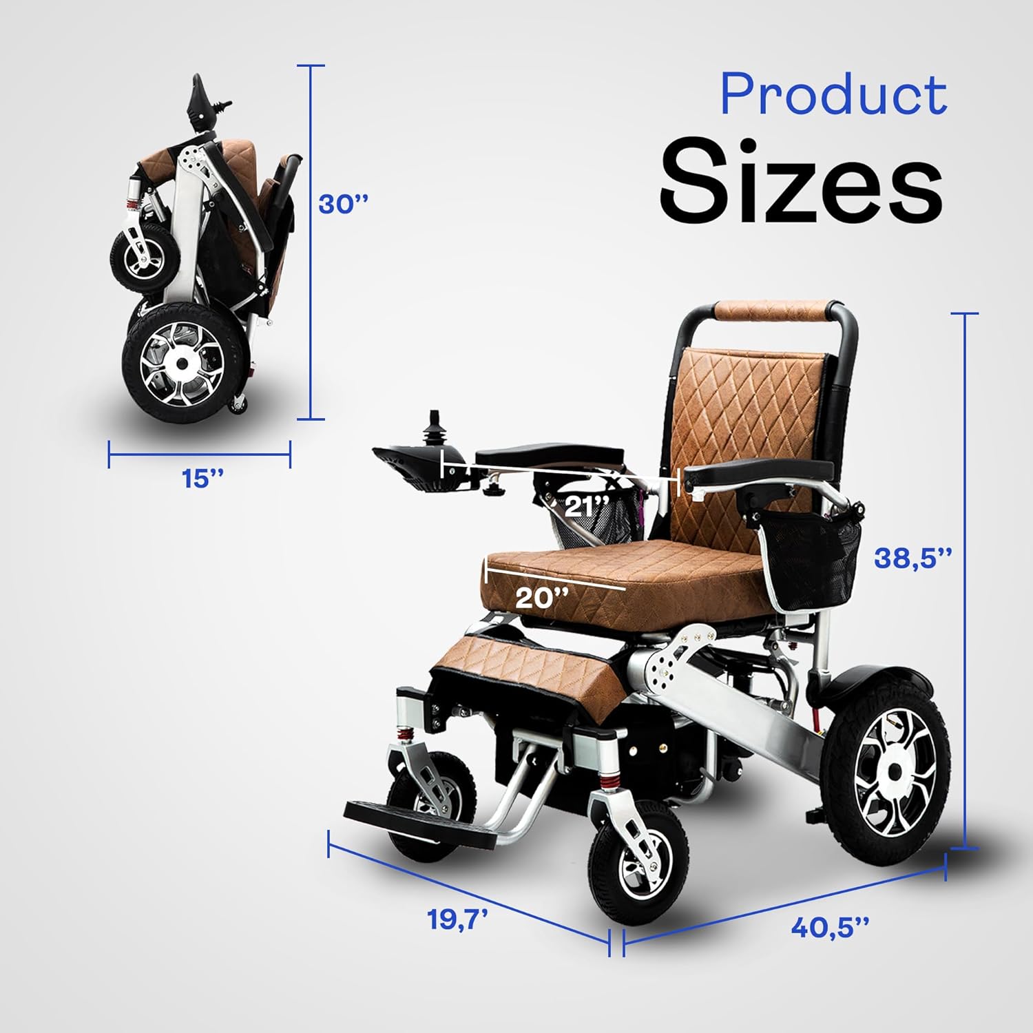 Alton Wolf Brown Leather Lightweight Foldable Electric Wheelchair, 2x250w Motor Electric Wheelchairs for Adults - Travel/user Friendly Electric Wheelchairs for Seniors, Long Range Motorized Wheelchair : Health & Household