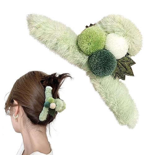 Miniatura 1 de 1 paquete de pinzas de pelo de felpa de pelo sintético con bola esponjosa verde, pinzas para el pelo mullidas, horquilla antideslizante para cabello