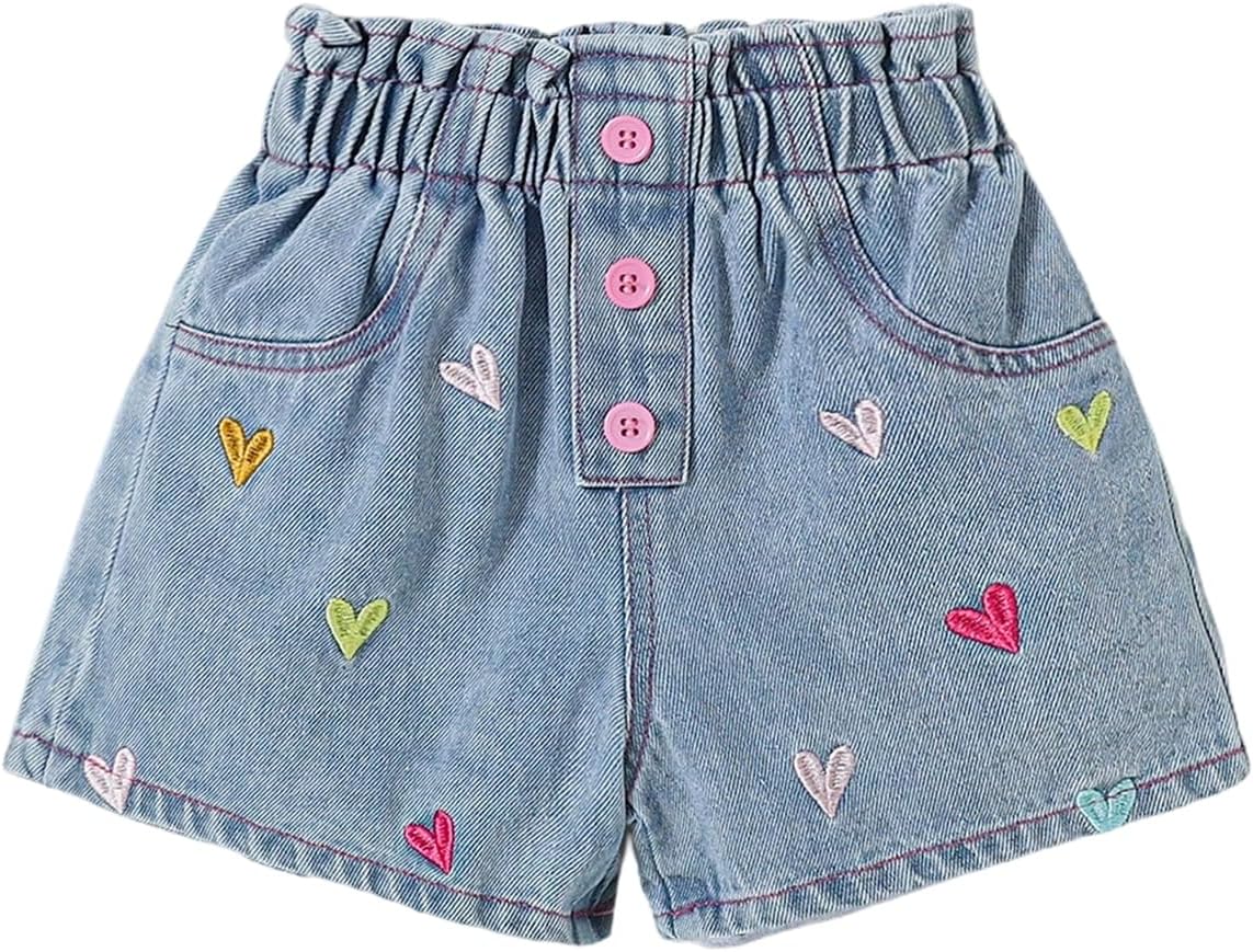GORGLITTER Girl's Cutet Jean Shorts Heart Print Elastic High Waisted Summer Beach Vacation Denim Shorts 2025