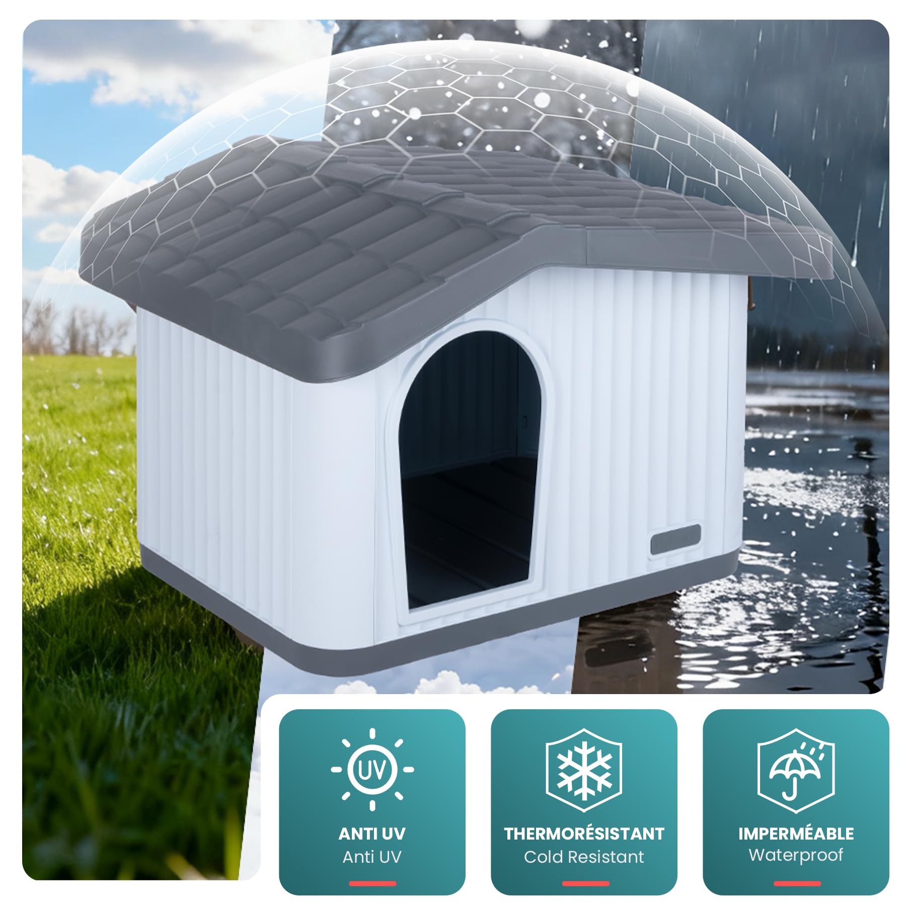 VOUNOT® Casa para Gatos de Plástico 75x63x51 cm, Caseta Mascotas Casita Cabaña de Perros Techo Desmontable Rejilla de Ventilación Patas Antideslizantes, Fácil de Montar para Interior y Exterior Blanco