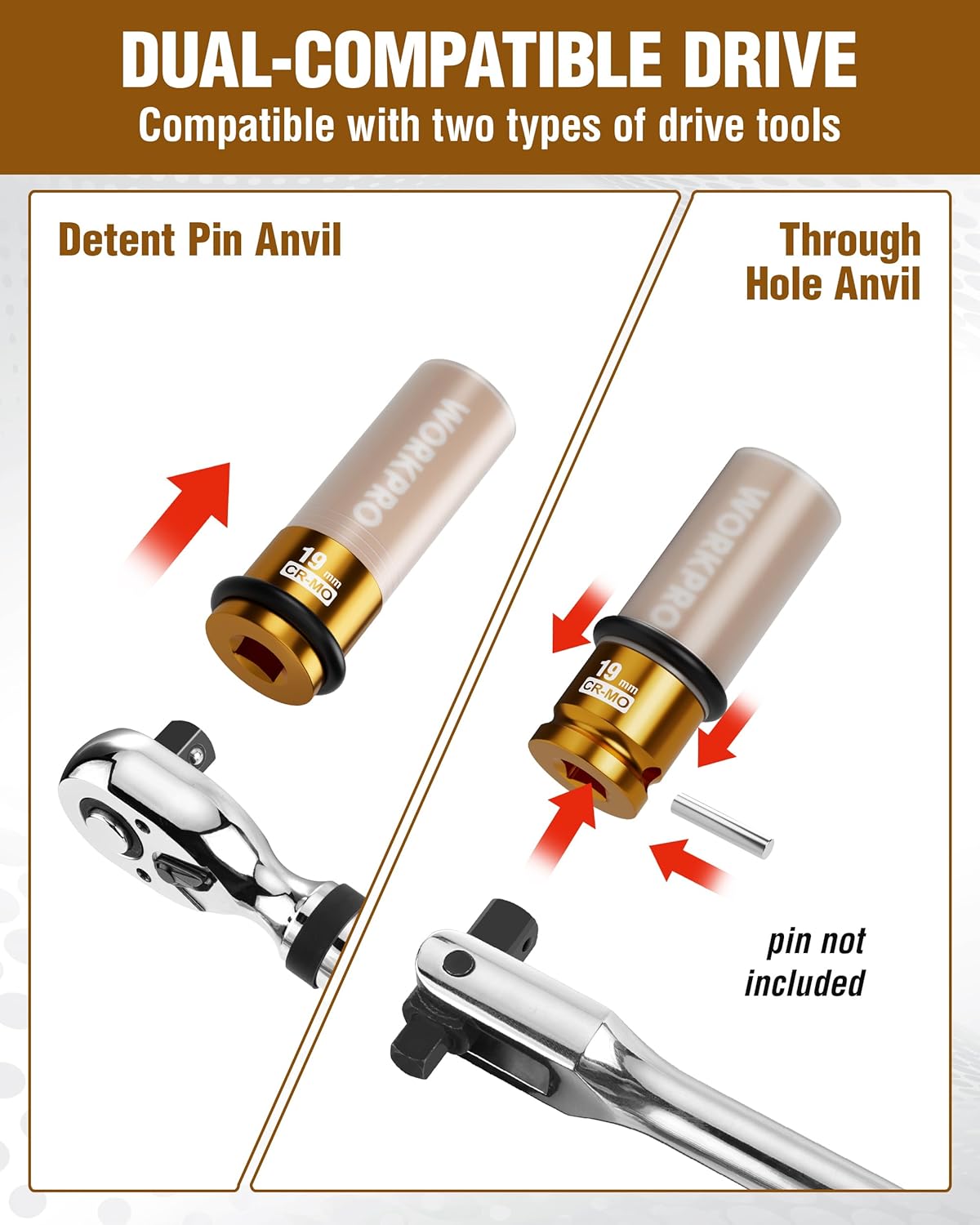 WORKPRO 1/2" Drive Lug Nut Impact Duty Socket, 19mm Deep Thin Wall Socket, Made of Premium Cr-Mo Steel, Non-Marring Lug Nut Wheel Sockets for Car