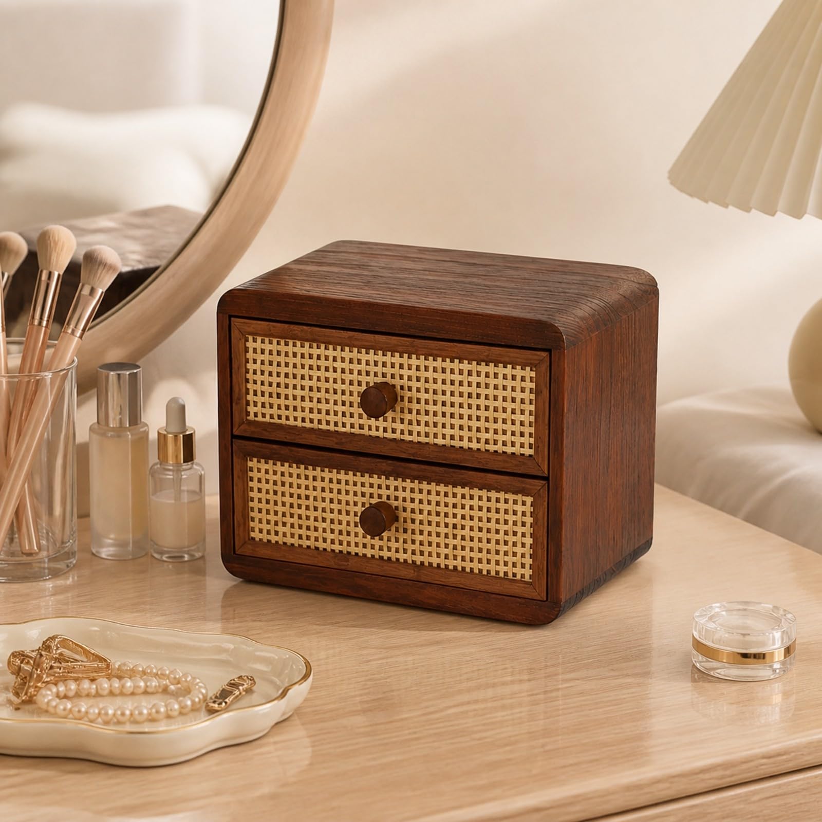 Gralara Organiteur Bureau Table Tiroirs Robuste Meuble Rangement En Bois Rotin Décoratif Armoire Bureau à Tiroirs, Style A