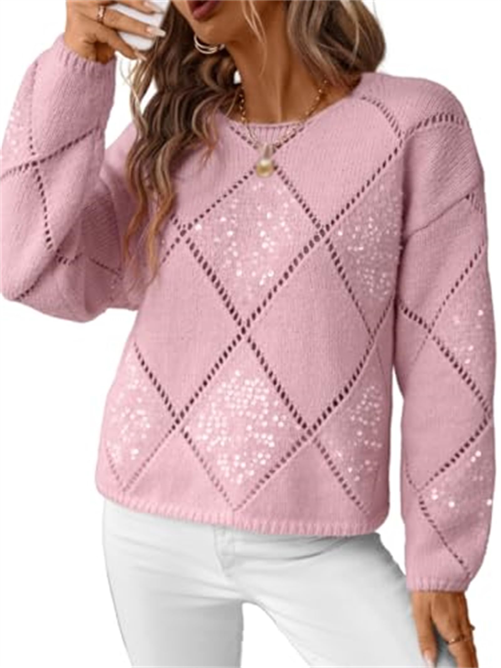 Generico Maglione da Donna in Maglia Traforata con Paillettes Scintillanti, Girocollo, Maniche Lunghe, vestibilità Ampia, Blusa Casual per Primavera/Autunno e Feste.