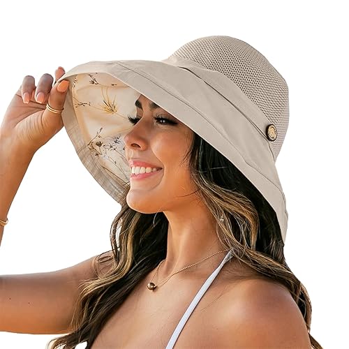 Women's-Mesh-Sun-Hats Wide-Brim Summer Beach Bucket Caps for Girls Outdoor-UV-Protection Foldable-Fishing-Hat Chin Strap - Medium - Beige