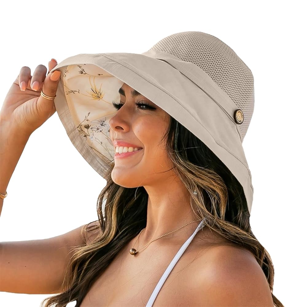 Women's-Mesh-Sun-Hats Wide-Brim Summer Beach Bucket Caps for
