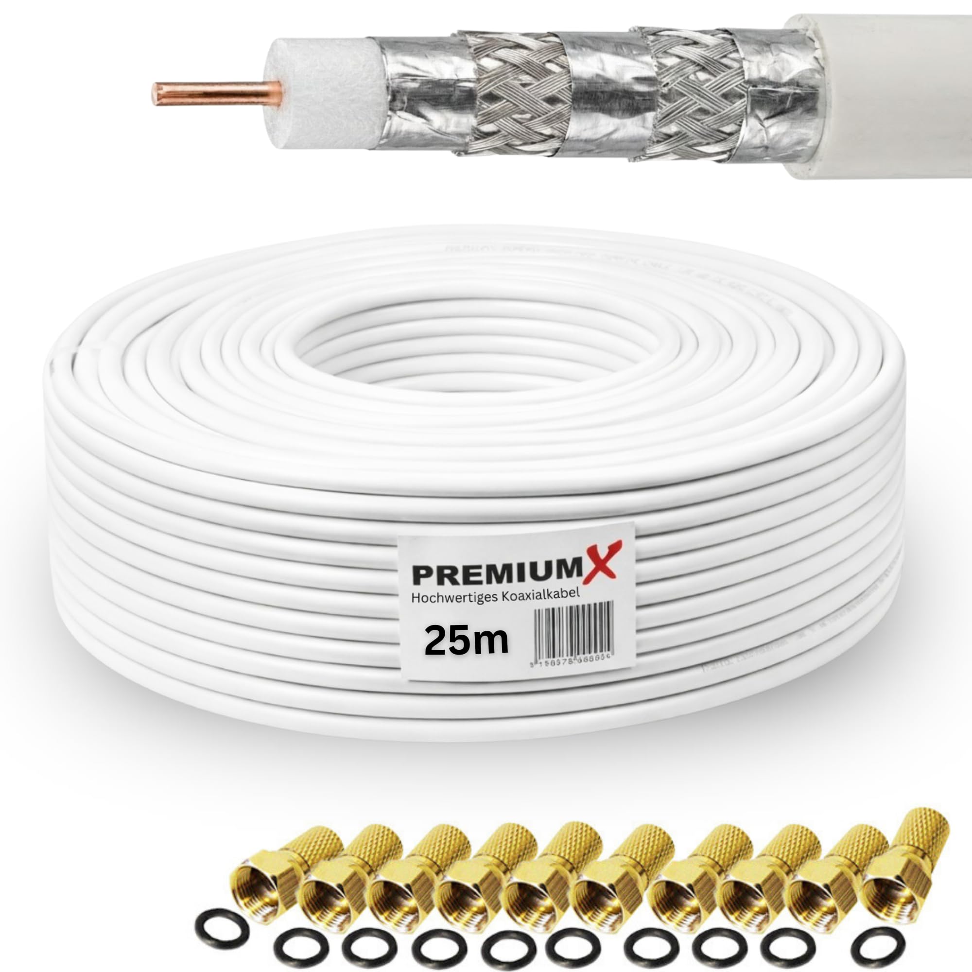 Premium X Cavo coassiale PROFI PRO 135 dB schermato a 5 vie, rame puro 25 metri Cavo antenna SAT 25m 135dB + 10x F-Plug 8,00mm a colori "GOLD" GRATUITO