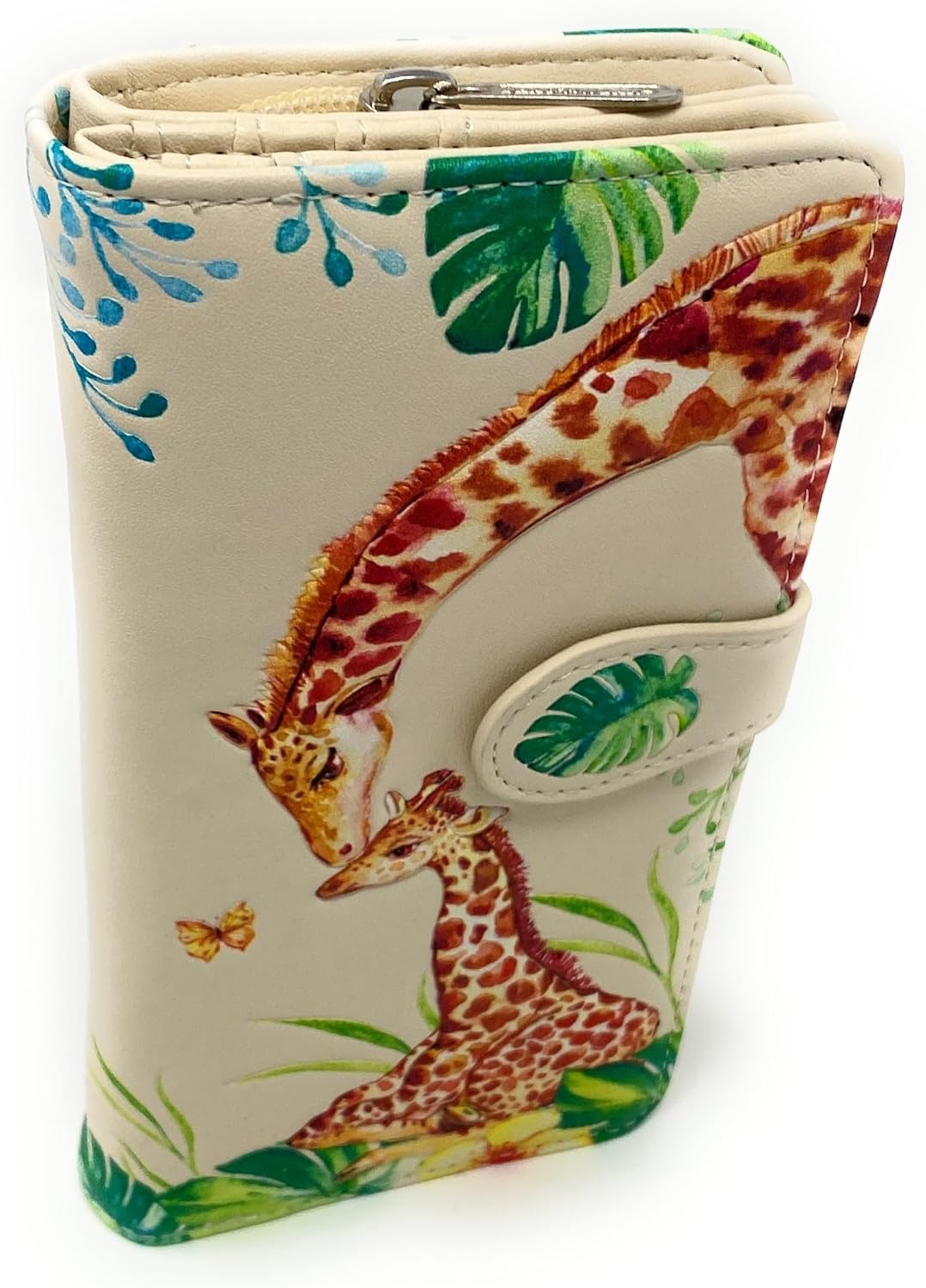 Shag Wear Giraffe Large Women’s Wallet, Vegan Faux Leather Bifold with Card Slots, Bill Compartments and Secure Snap Closure in Beige 7"