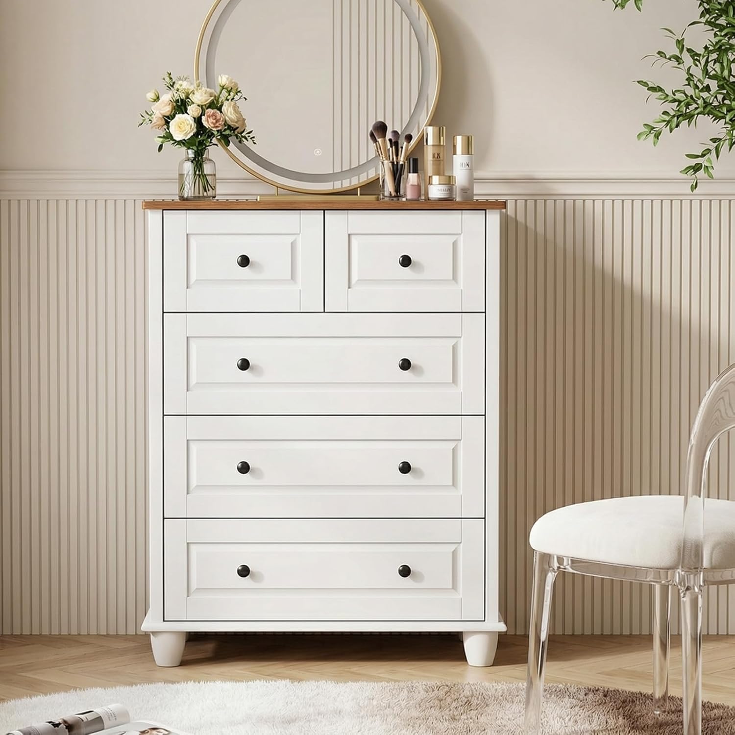 ITEFDTUTNE White 5 Drawer Dresser for Bedroom, Chest of Storage Drawers, Modern Wood Vertical Dressers Chest with Smooth Gliding Drawers & Solid Wood Legs for Home Office